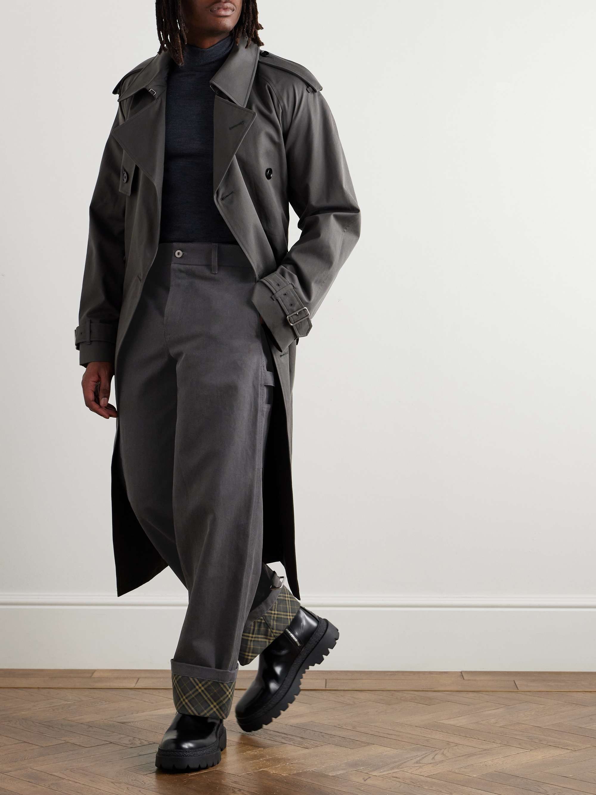 Wide-Leg Checked Twill-Trimmed Cotton-Canvas Trousers view