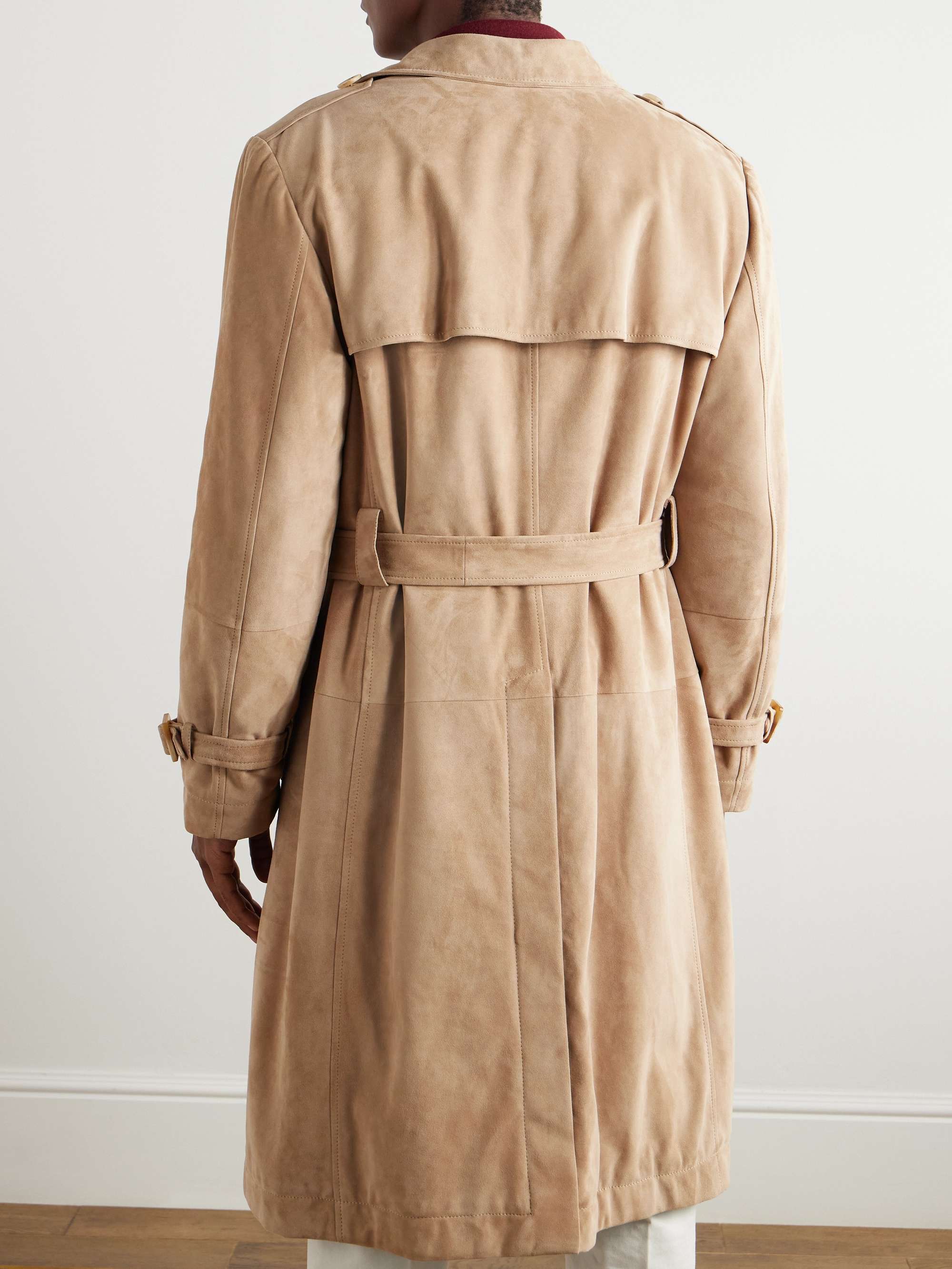 Double-Breasted Belted Padded Suede Trench Coat view