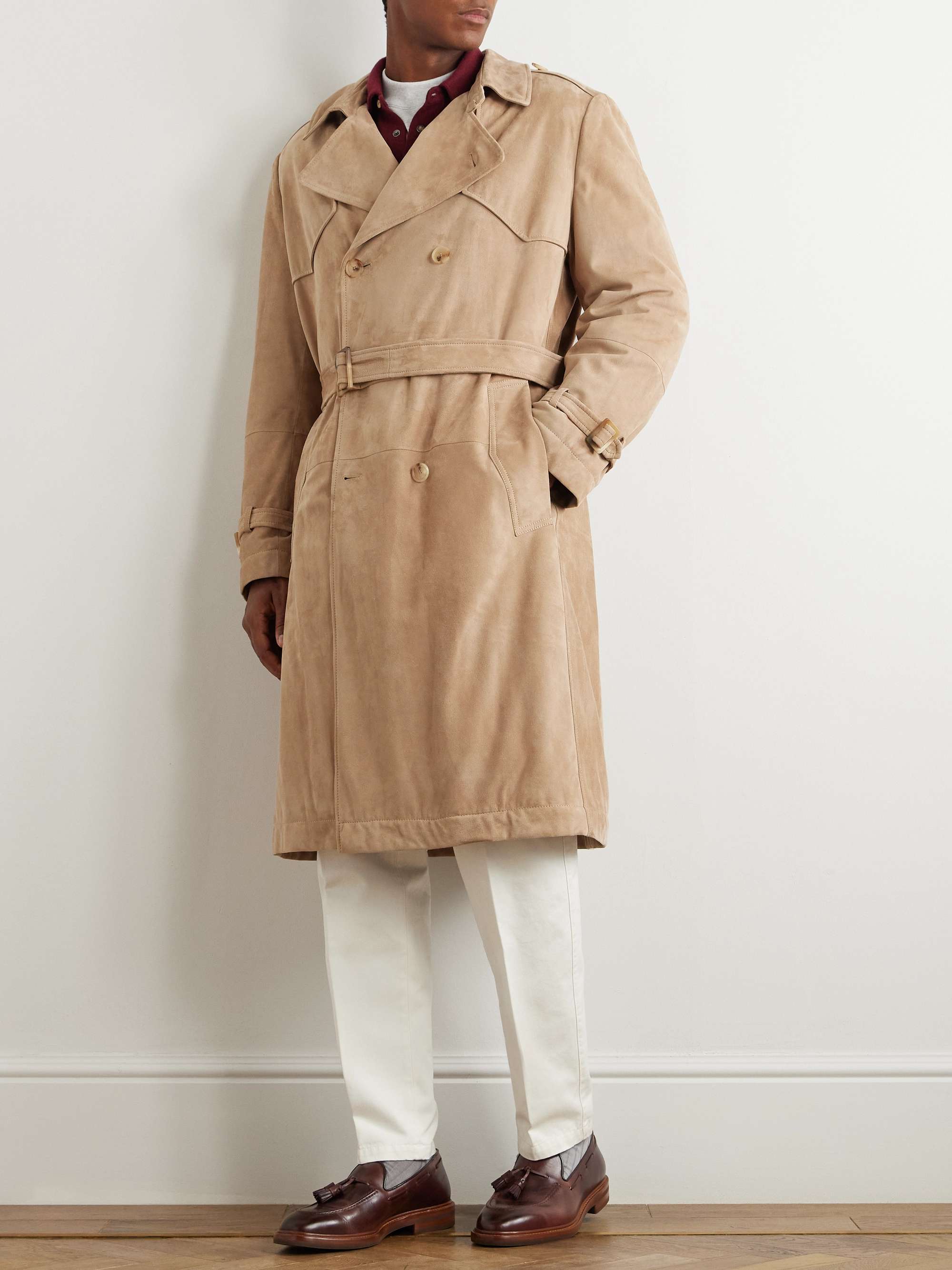Double-Breasted Belted Padded Suede Trench Coat view