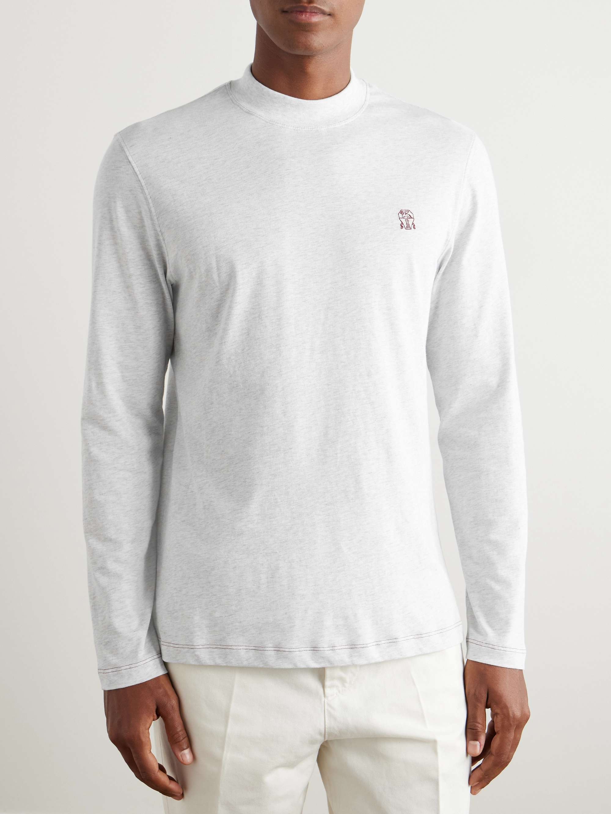 Logo-Embroidered Mélange Cotton-Jersey Mock-Neck T-Shirt view
