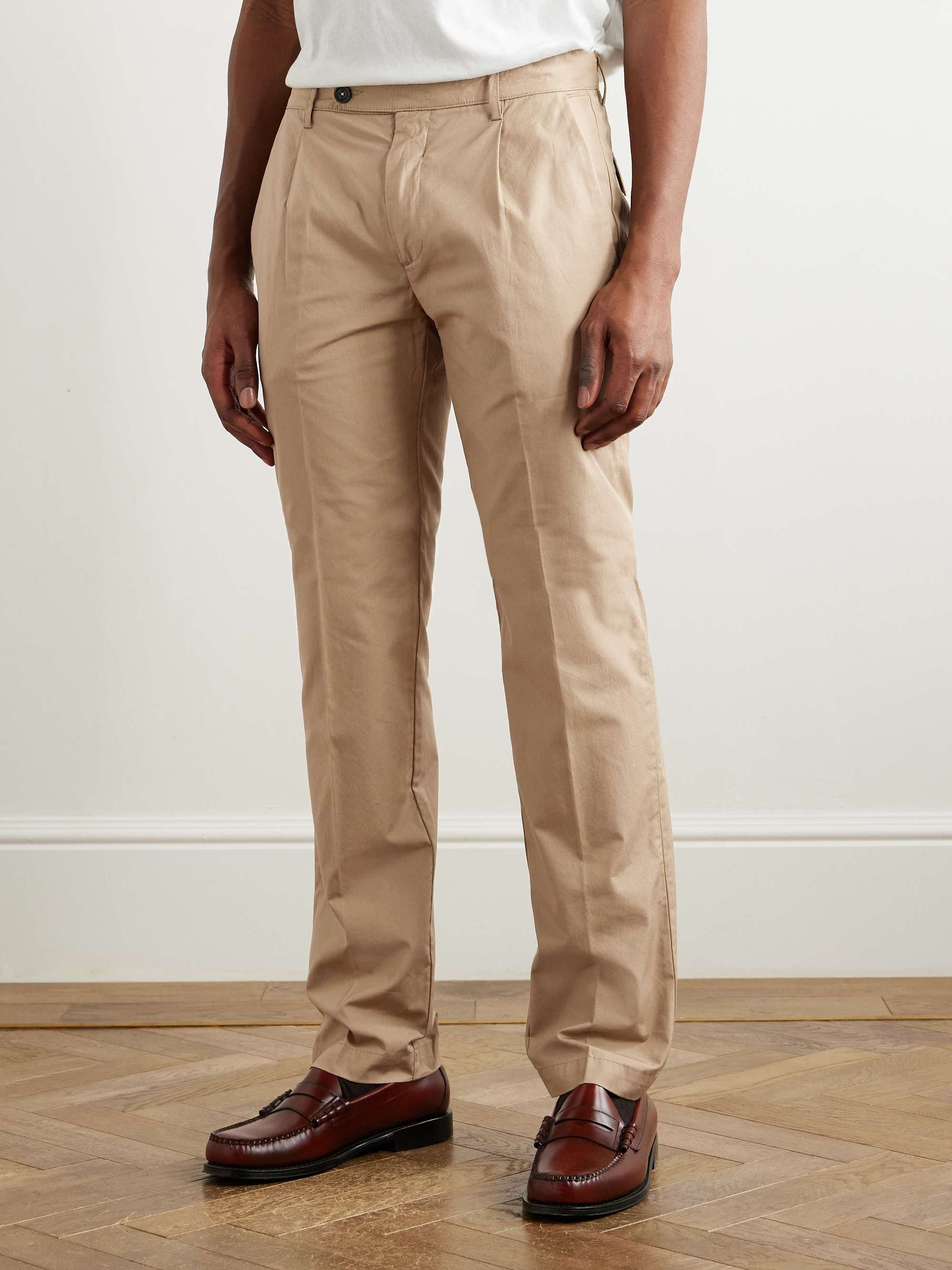 Slim-Fit Straight-Leg Pleated Cotton Trousers view