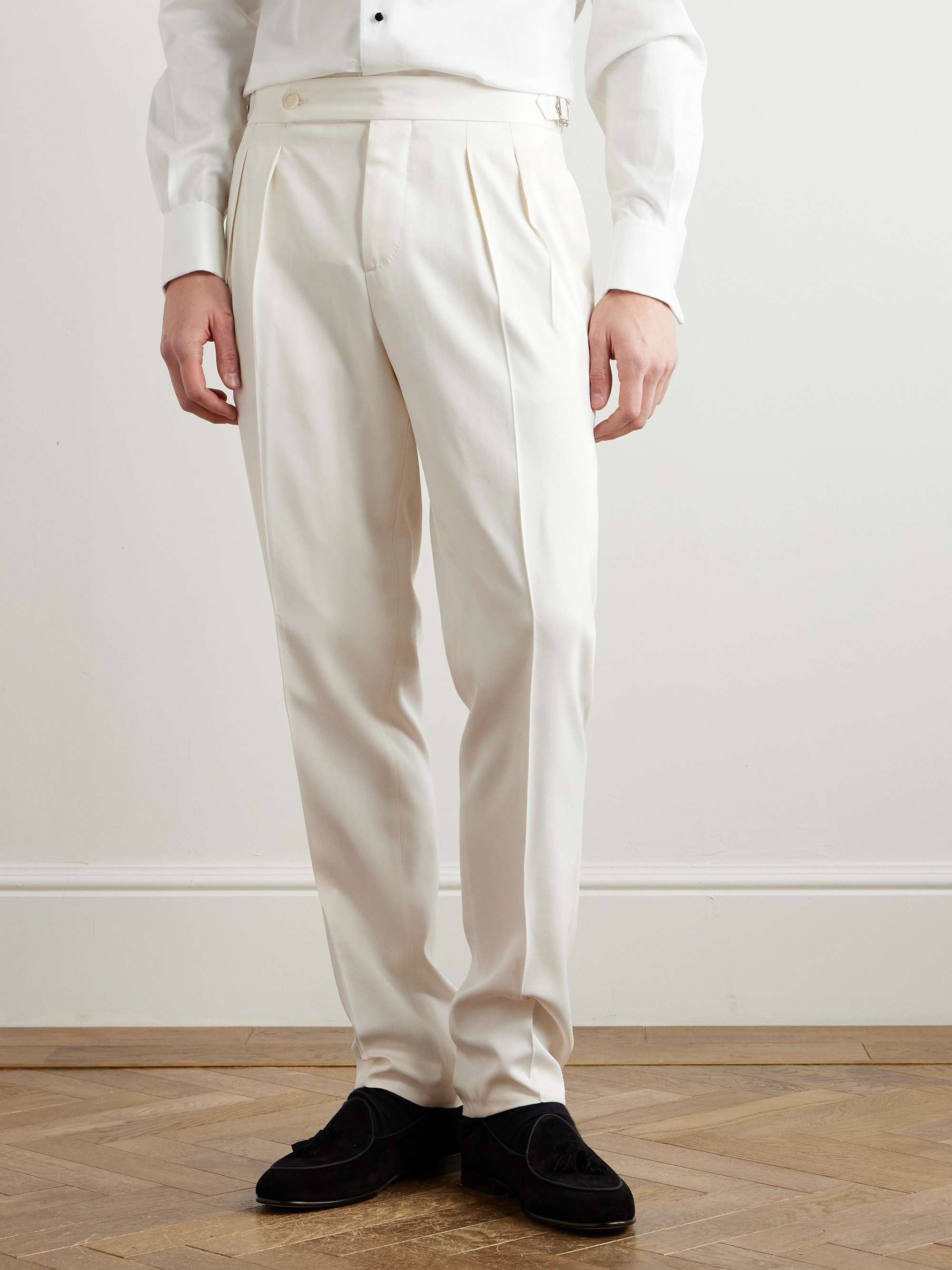 Straight-Leg Pleated Silk-Satin Tuxedo Trousers view