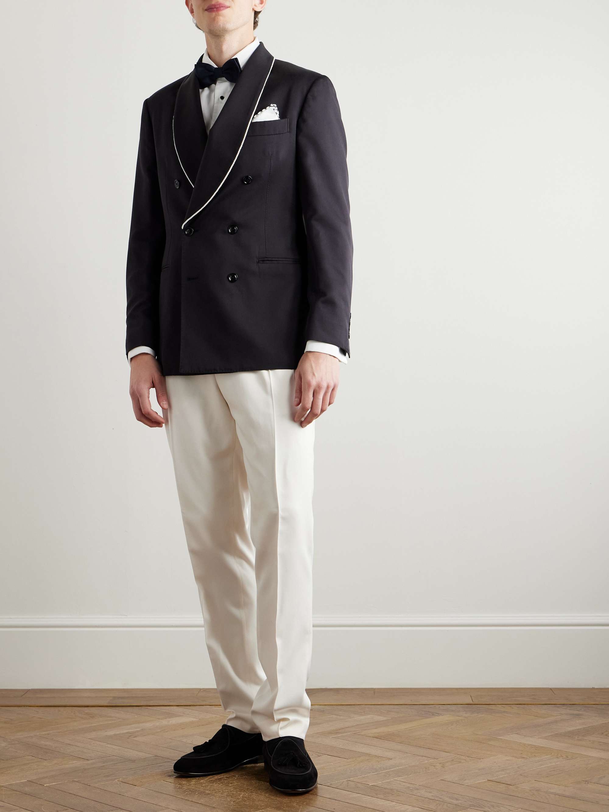 Straight-Leg Pleated Silk-Satin Tuxedo Trousers view