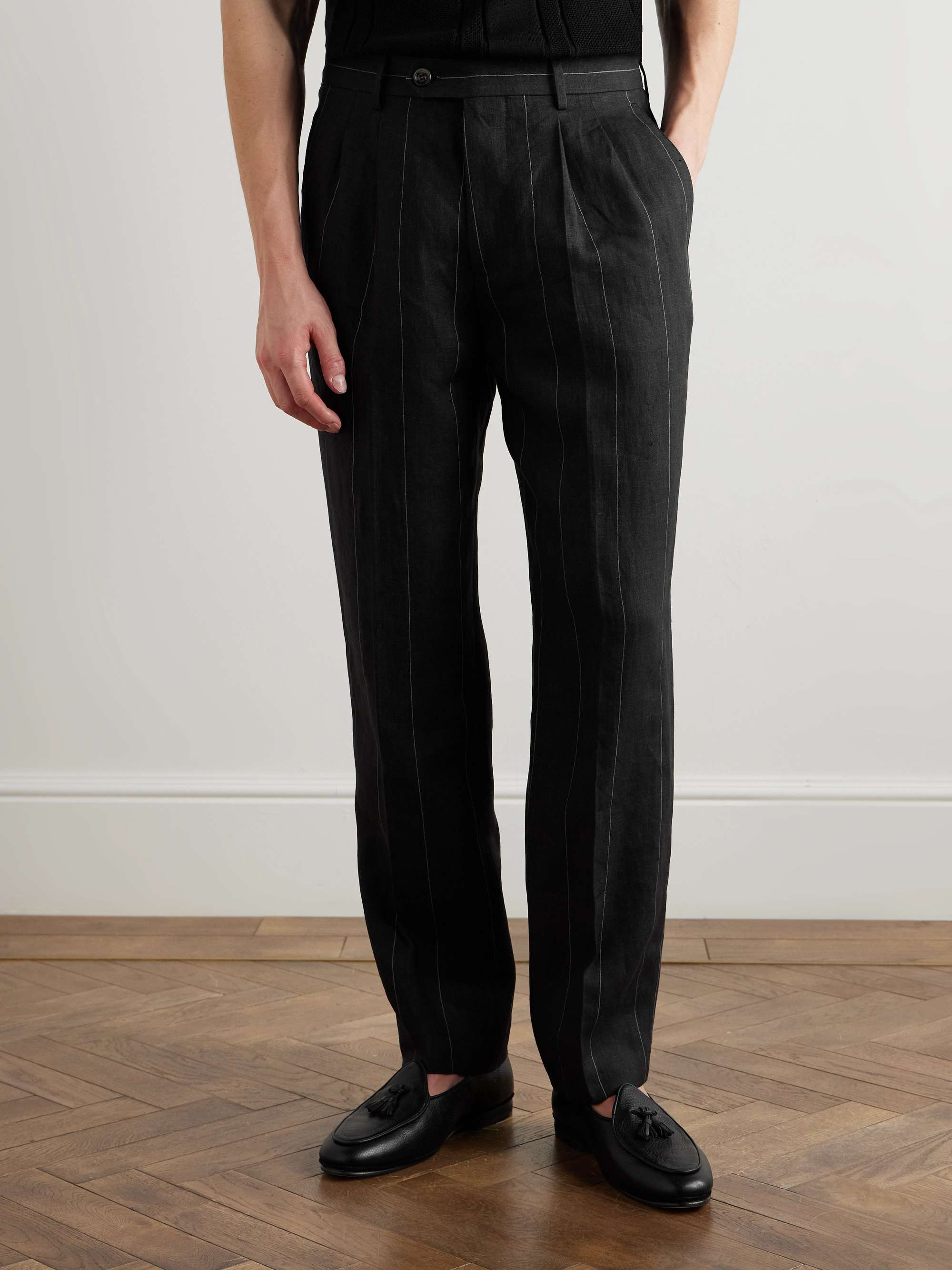 Slim-Fit Pleated Pinstriped Linen Suit Trousers view