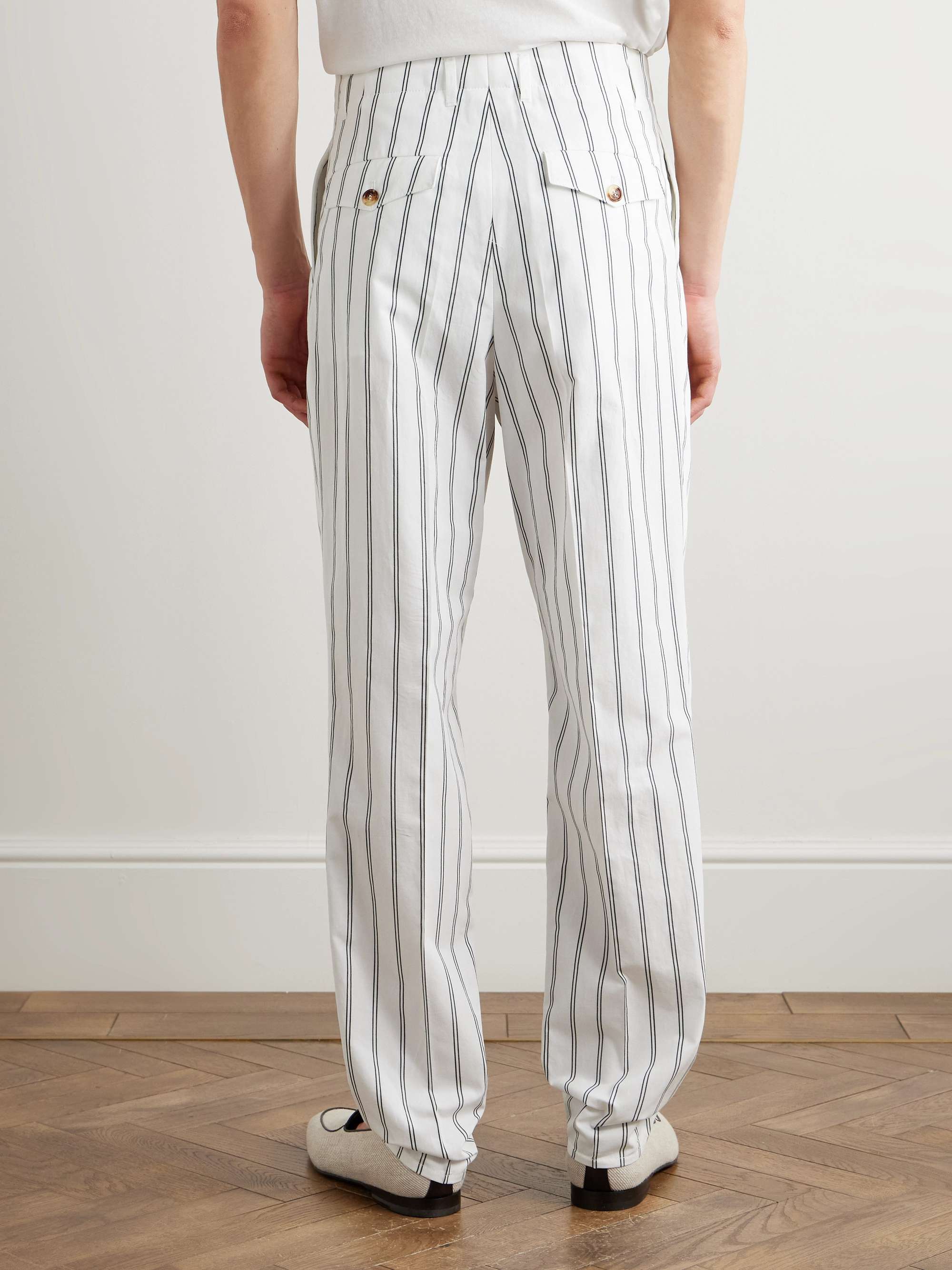 Straight-Leg Pleated Pinstriped Cotton Trousers view