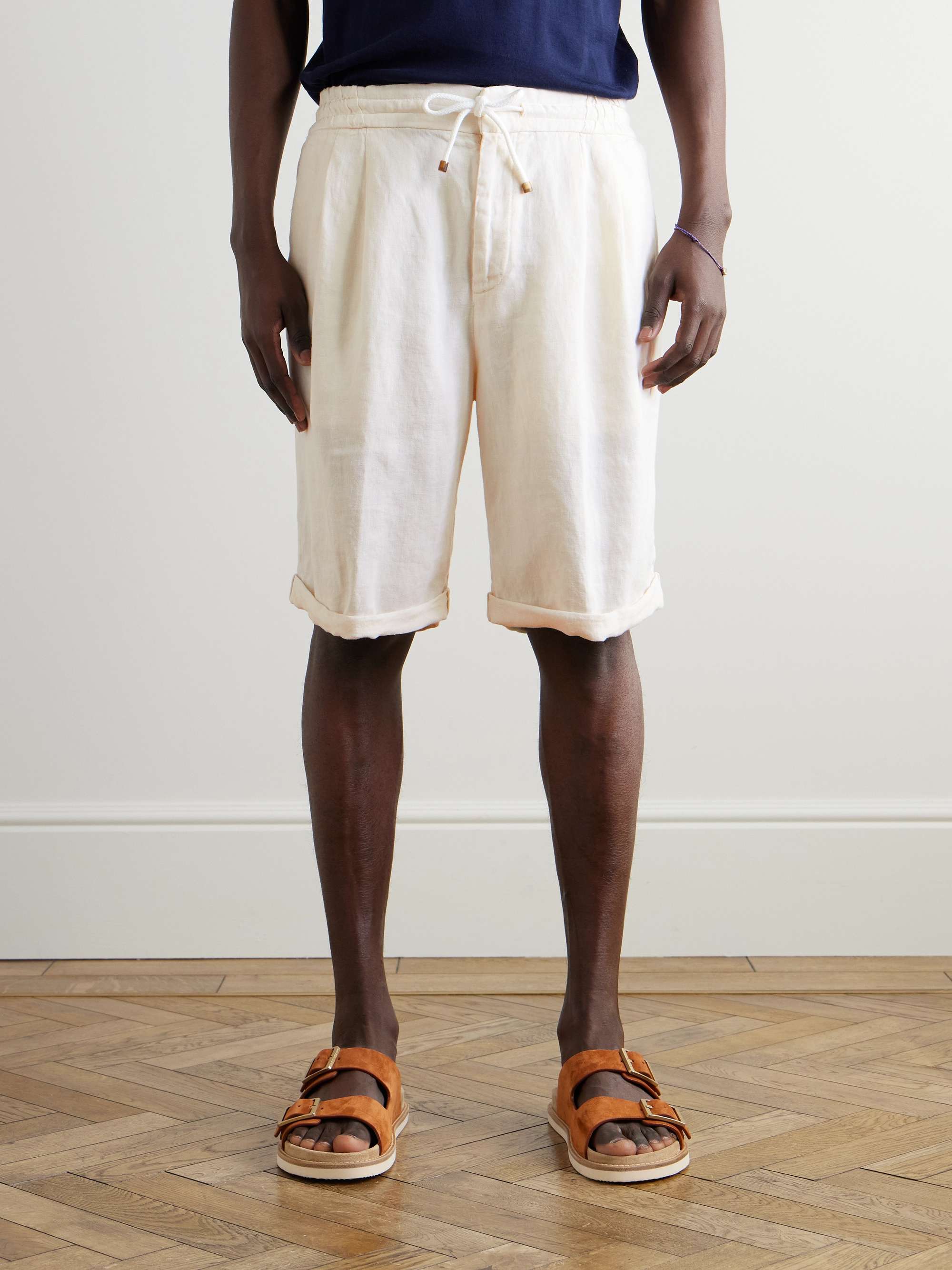 Straight-Leg Pleated Linen Drawstring Bermuda Shorts view
