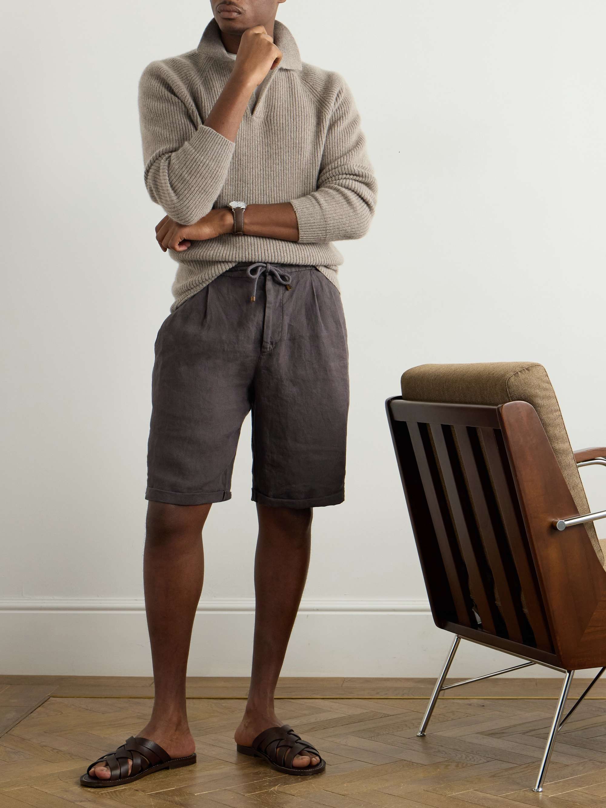 Straight-Leg Pleated Linen-Twill Drawstring Bermuda Shorts view