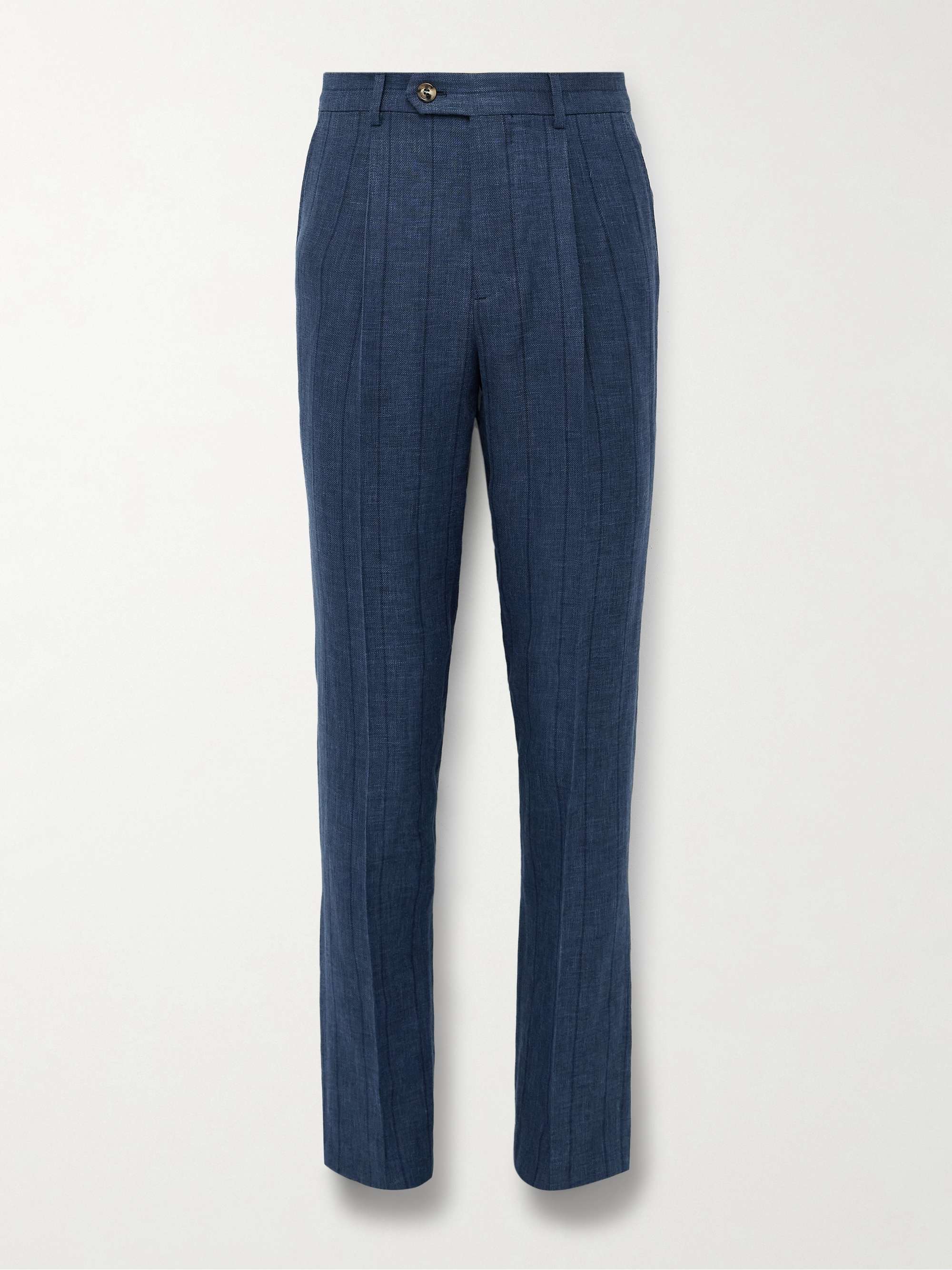Slim-Fit Pleated Striped Wool, Linen and Silk-Blend Suit Trousers view