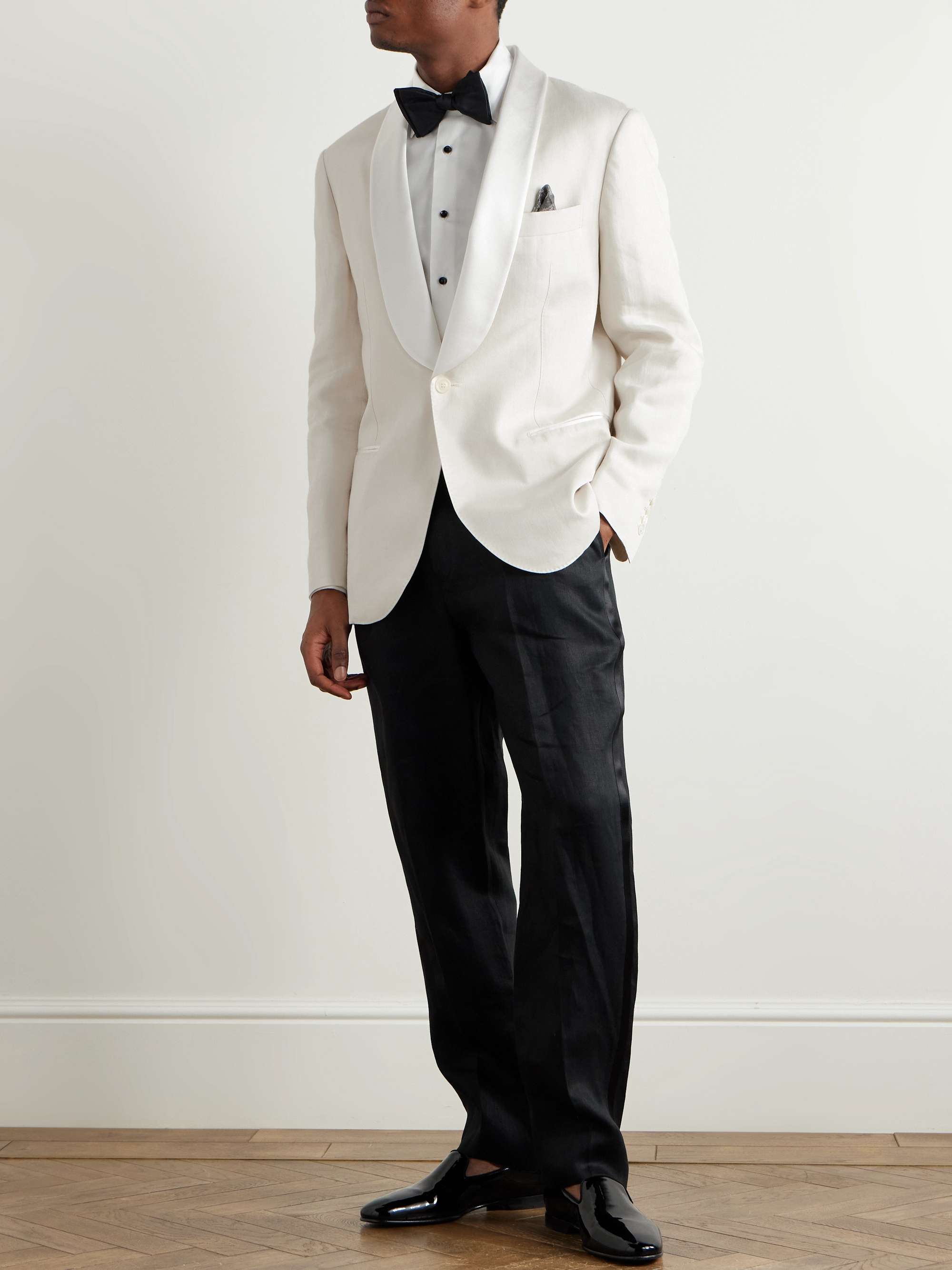 Shawl-Lapel Satin-Trimmed Linen Tuxedo Jacket view