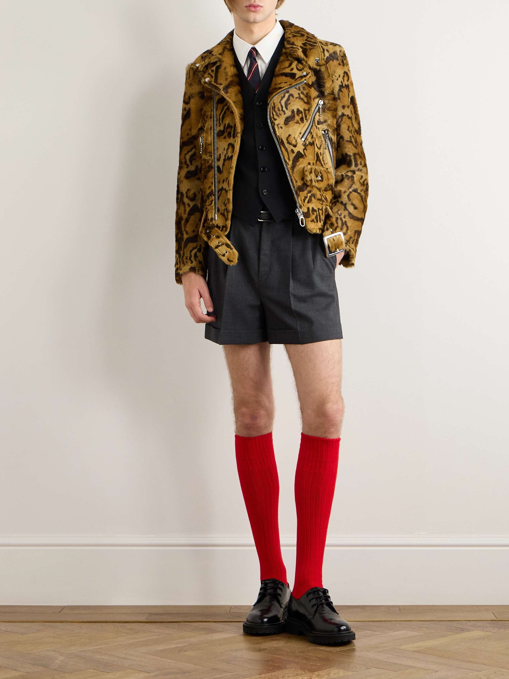 Belted Leopard-Print Goat Hair Biker Jacket view