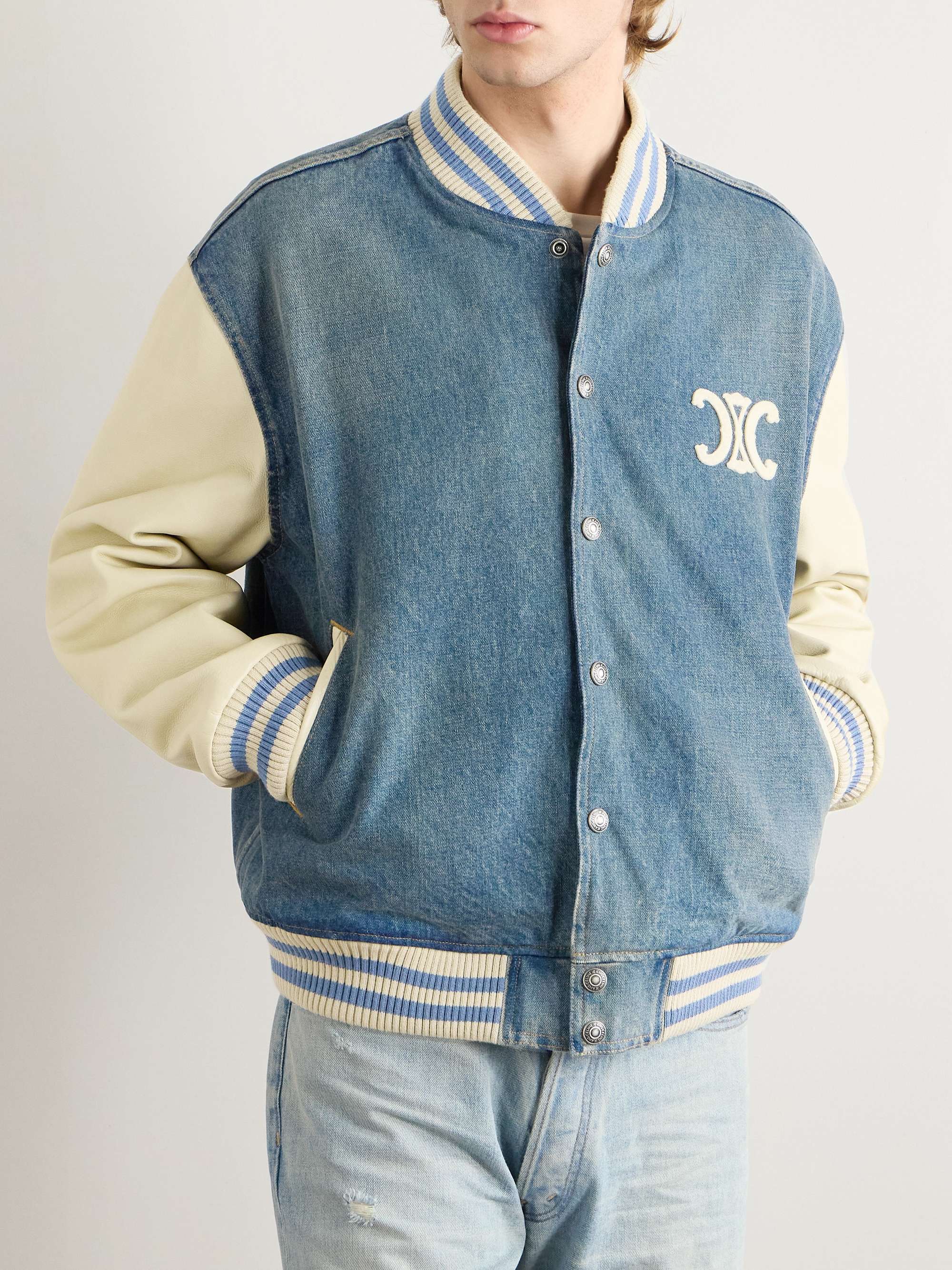 Teddy Logo-Appliquéd Leather-Trimmed Denim Bomber Jacket view