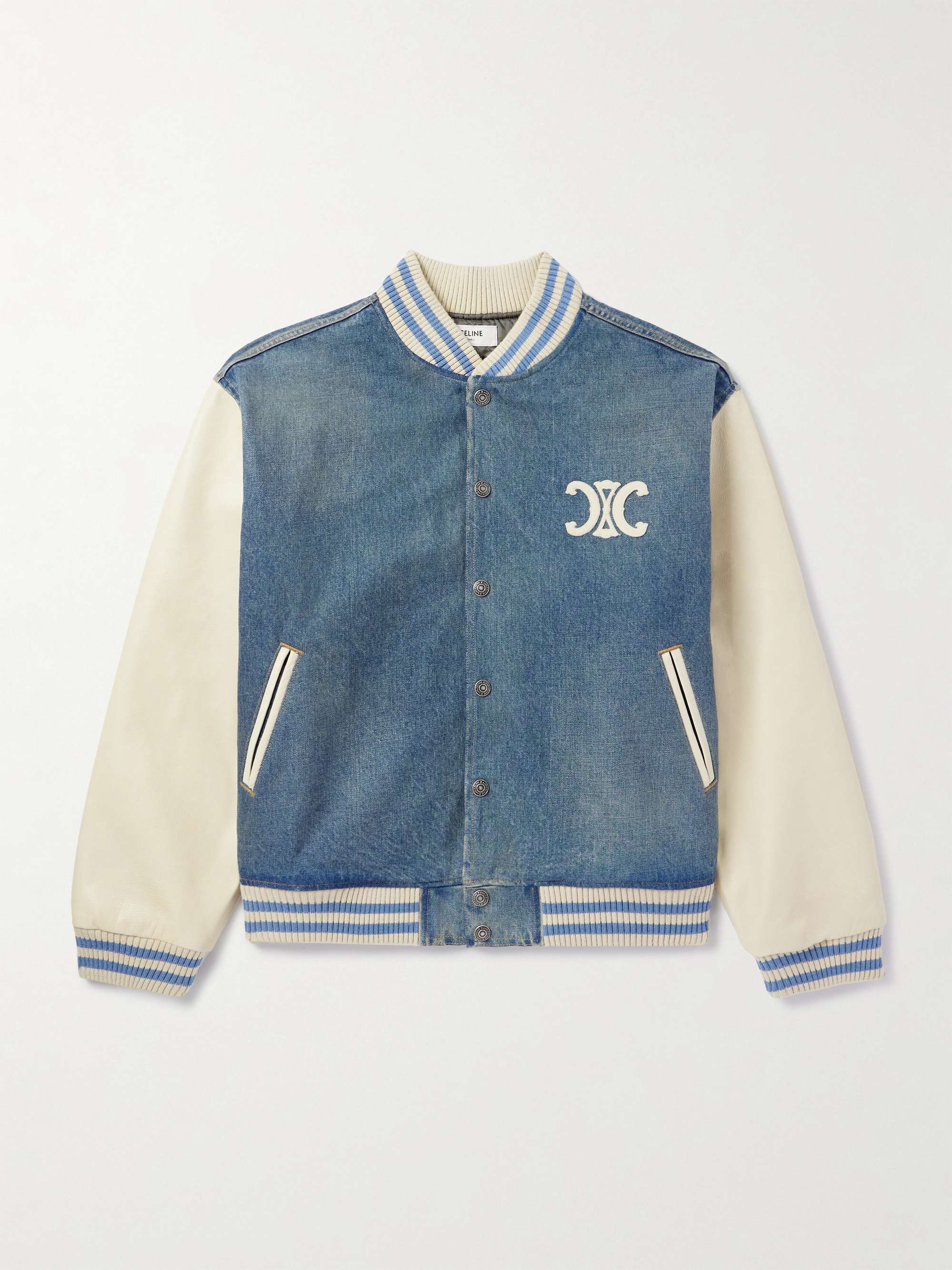 Teddy Logo-Appliquéd Leather-Trimmed Denim Bomber Jacket view