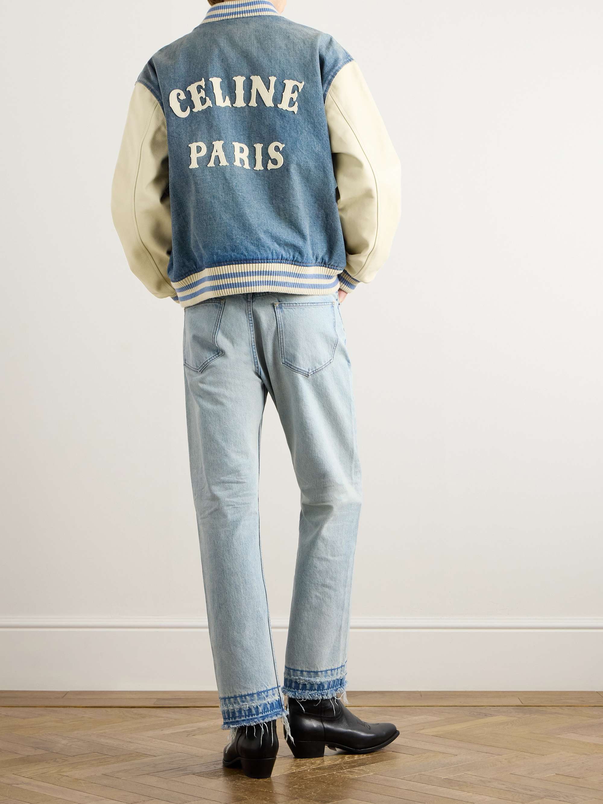 Teddy Logo-Appliquéd Leather-Trimmed Denim Bomber Jacket view