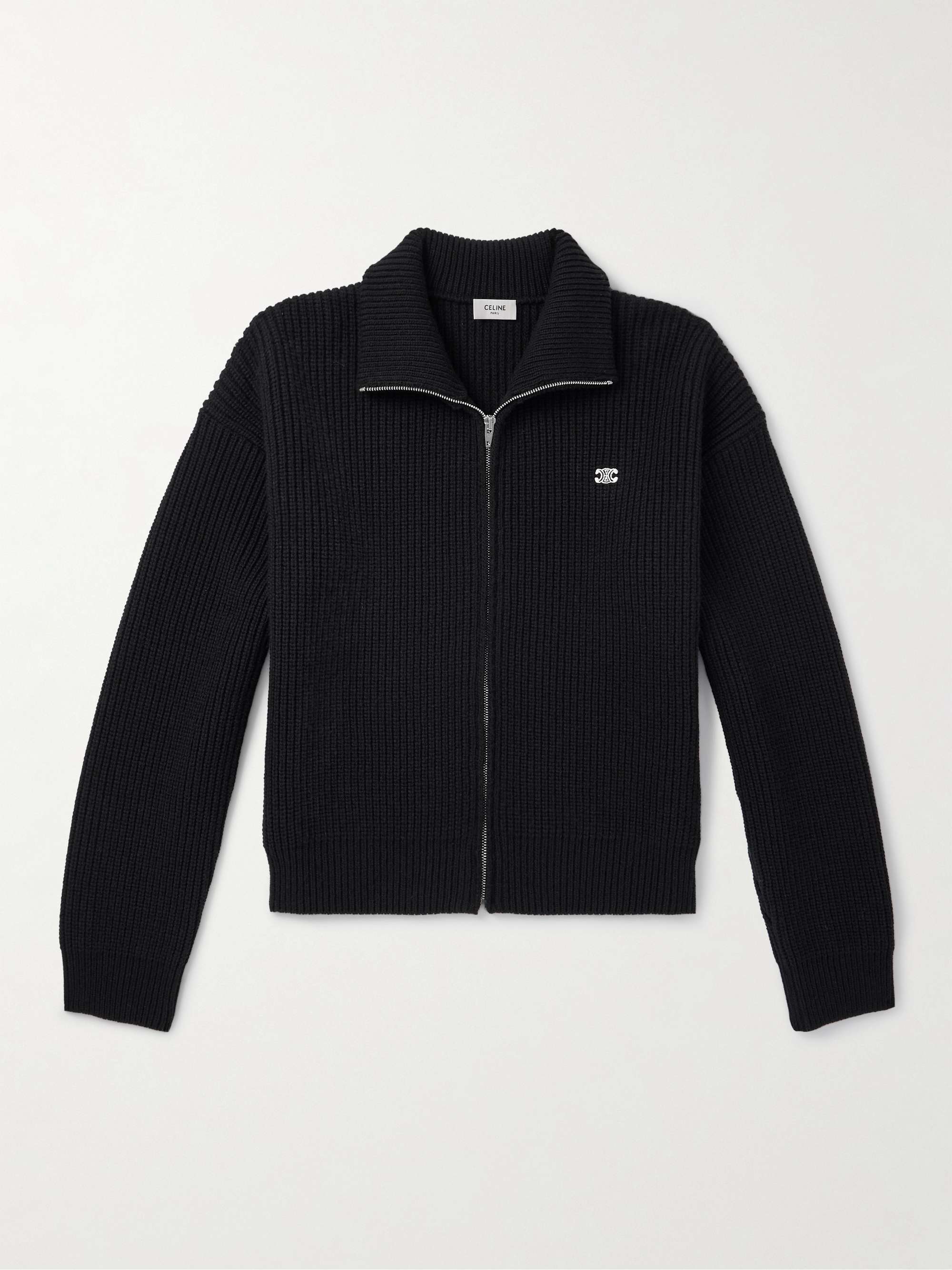 Logo-Embroidered Ribbed Wool Zip-Up Cardigan view