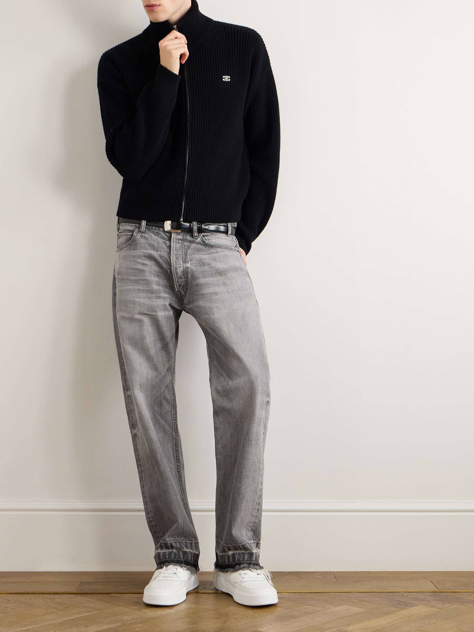 Logo-Embroidered Ribbed Wool Zip-Up Cardigan view