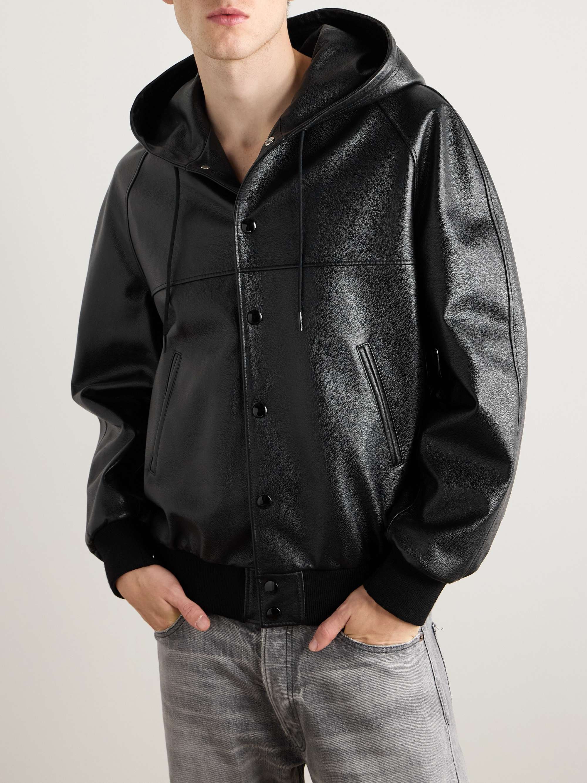 Logo-Embossed Full-Grain Leather Hooded Bomber Jacket view