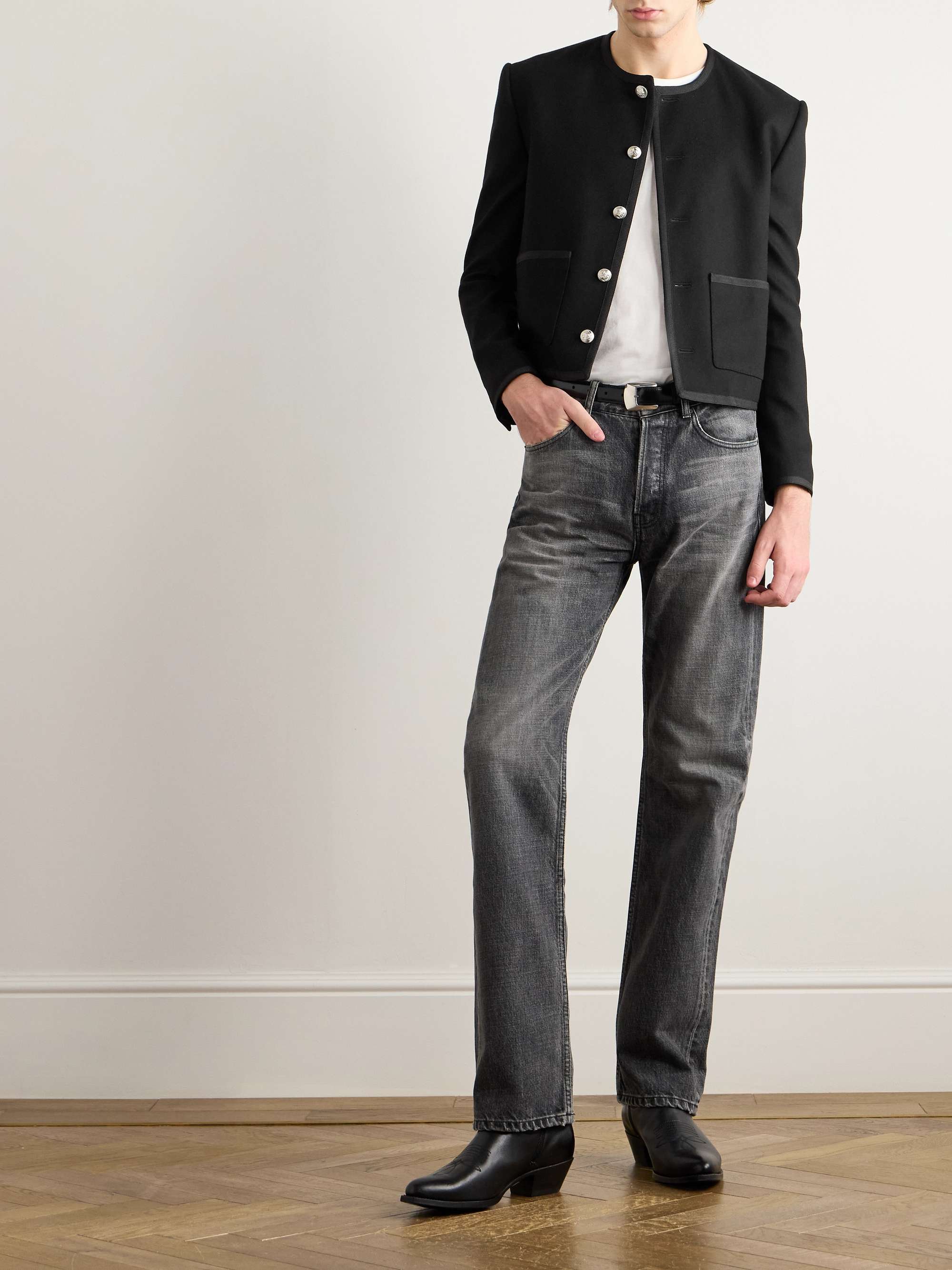 Slim-Fit Cropped Webbing-Trimmed Cashmere-Felt Jacket view