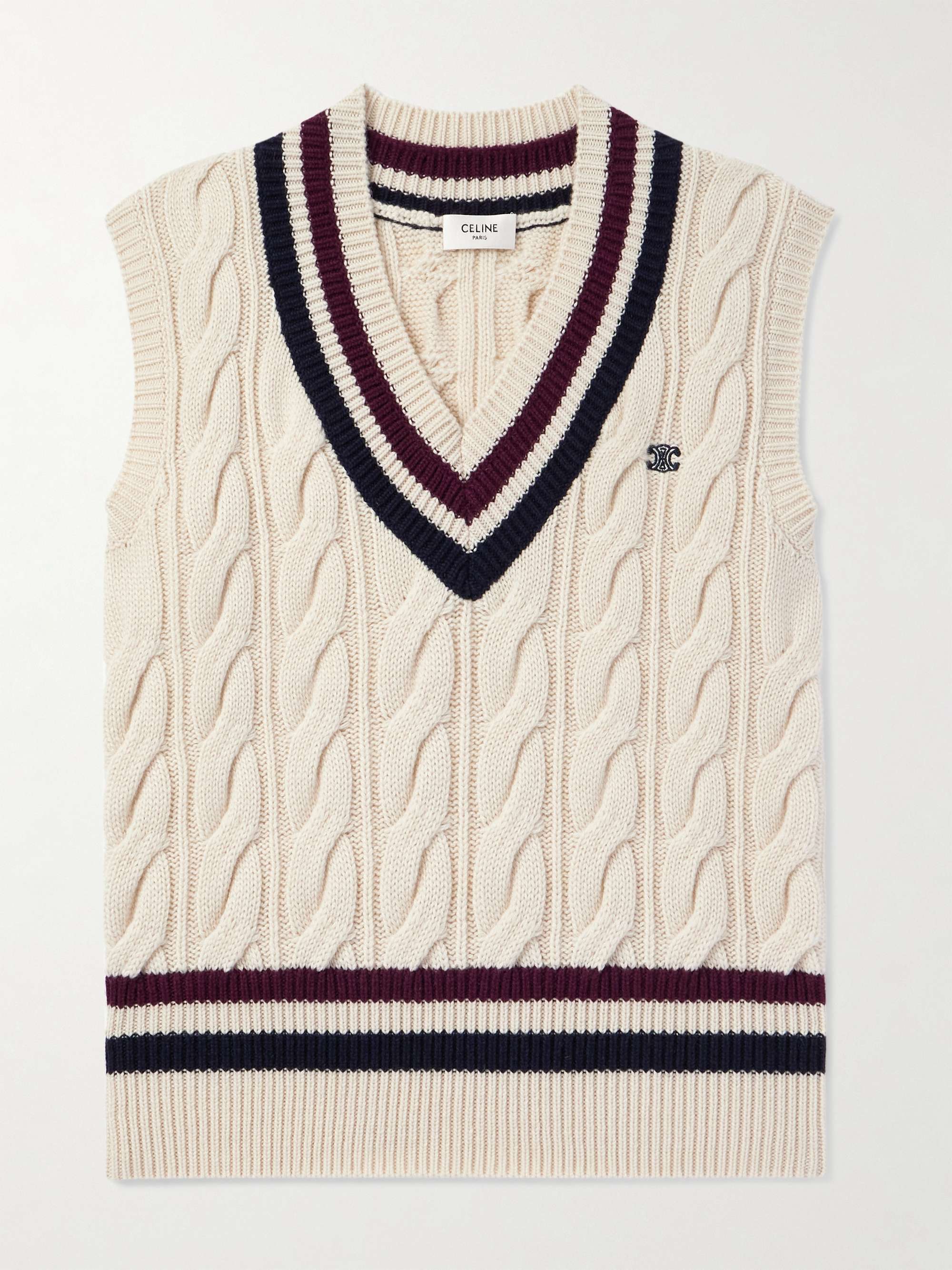 Logo-Appliquéd Cable-Knit Striped Cashmere Sweater Vest view