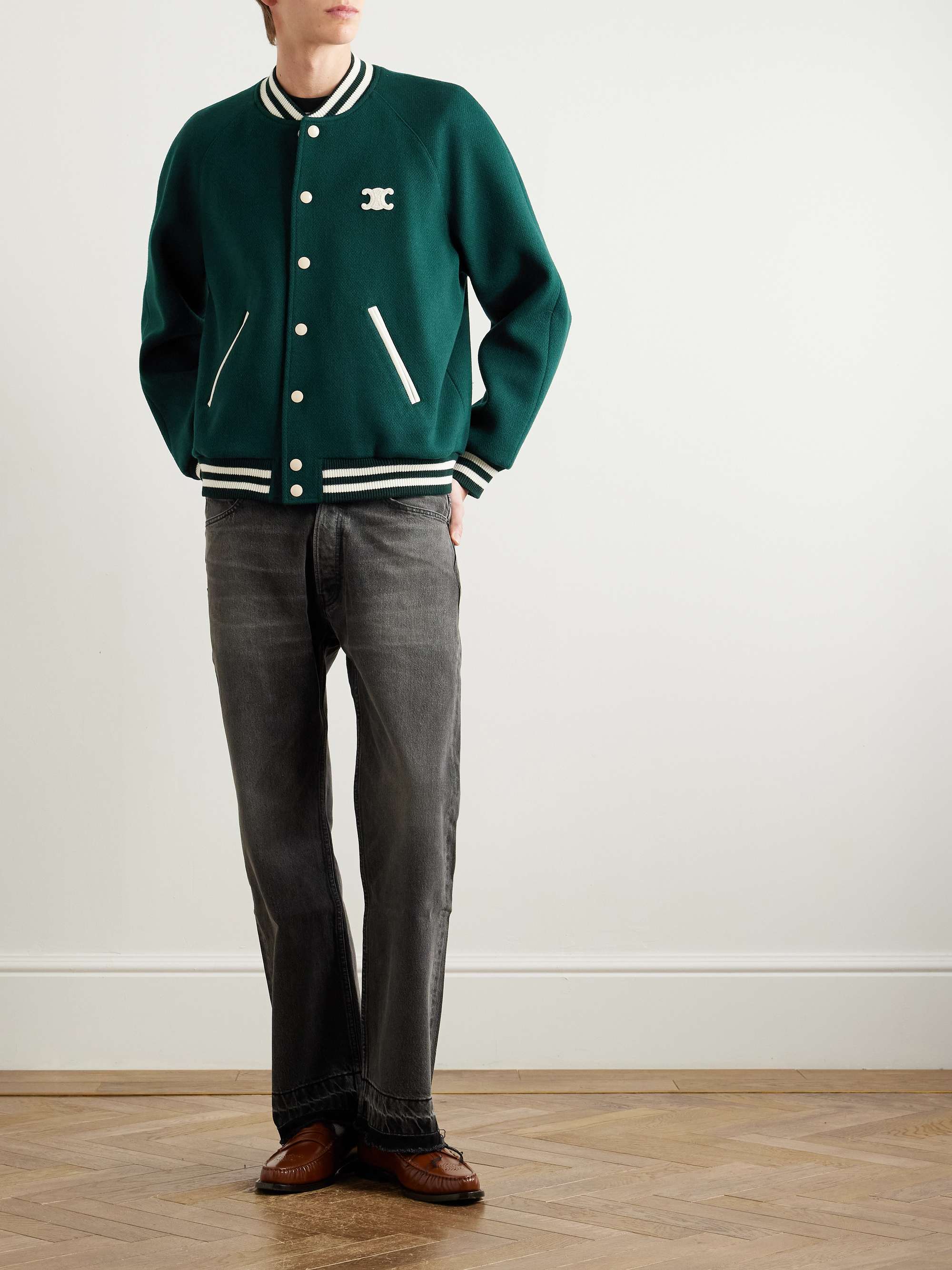 Teddy Triomphe Leather-Trimmed Wool-Blend Varsity Jacket view