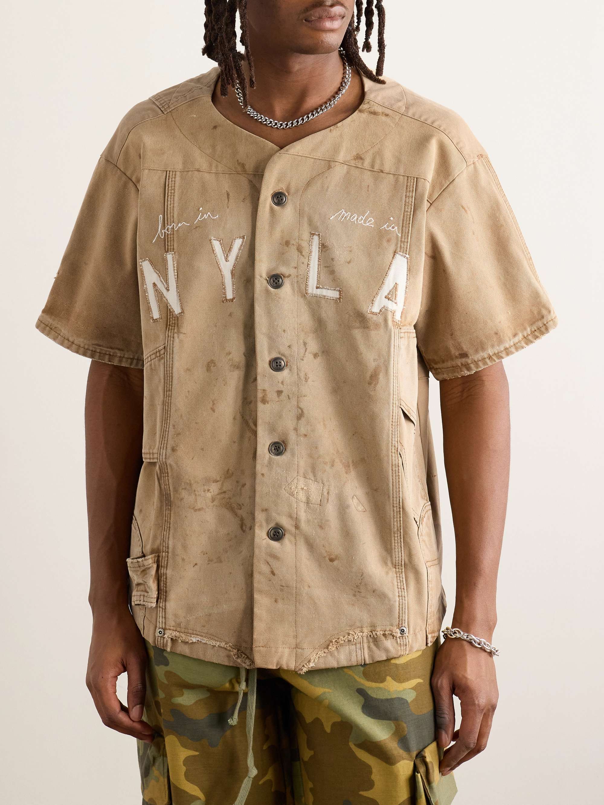 Frayed Appliquéd Embroidered Distressed Cotton-Canvas Shirt view