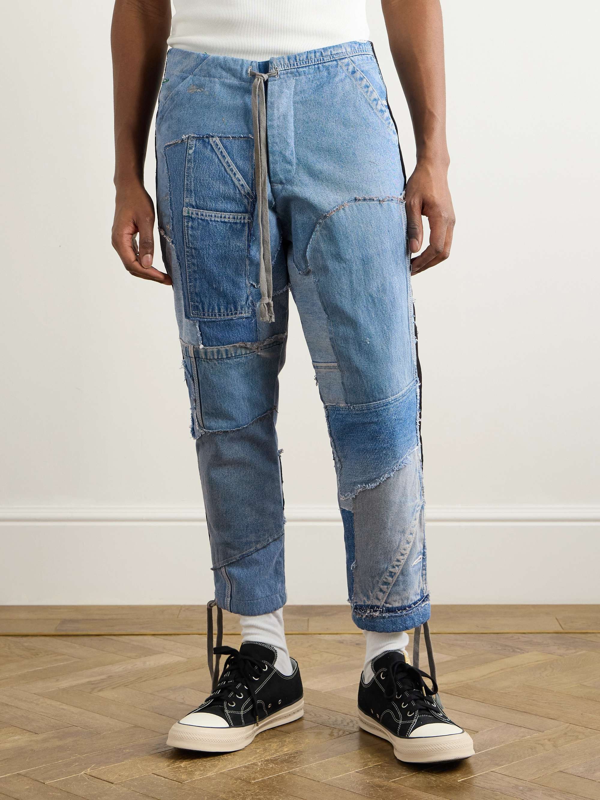 Tapered Cropped Frayed Patchwork Drawstring Jeans view