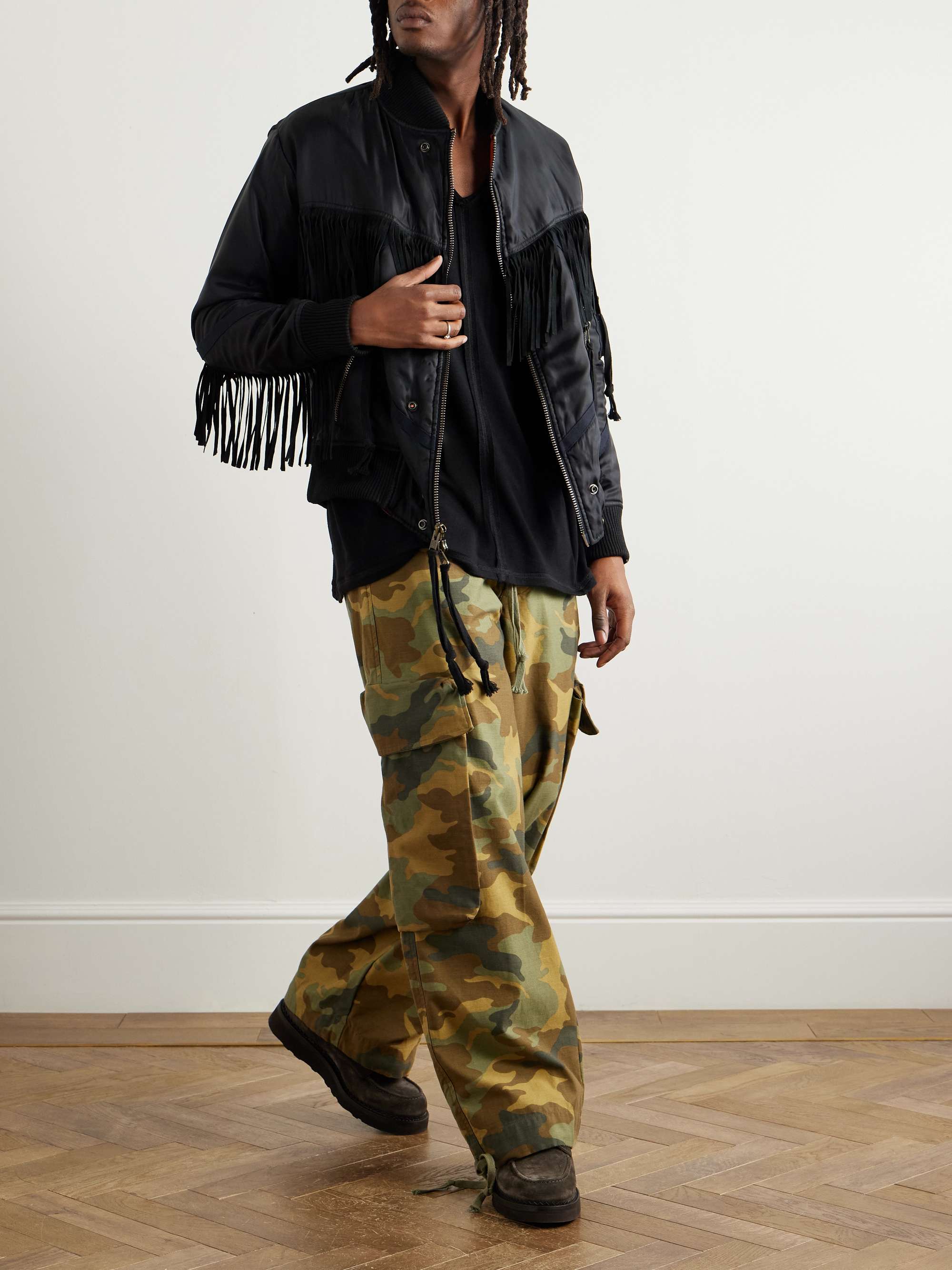 Black Tails Slim-Fit Fringed Suede-Trimmed Shell Bomber Jacket view