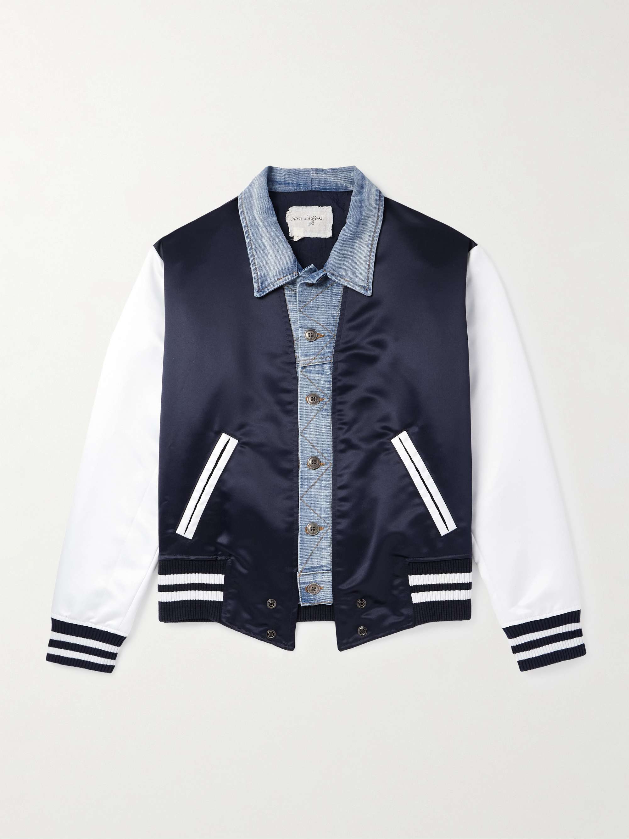 Slim-Fit Denim-Trimmed Satin Varsity Jacket view