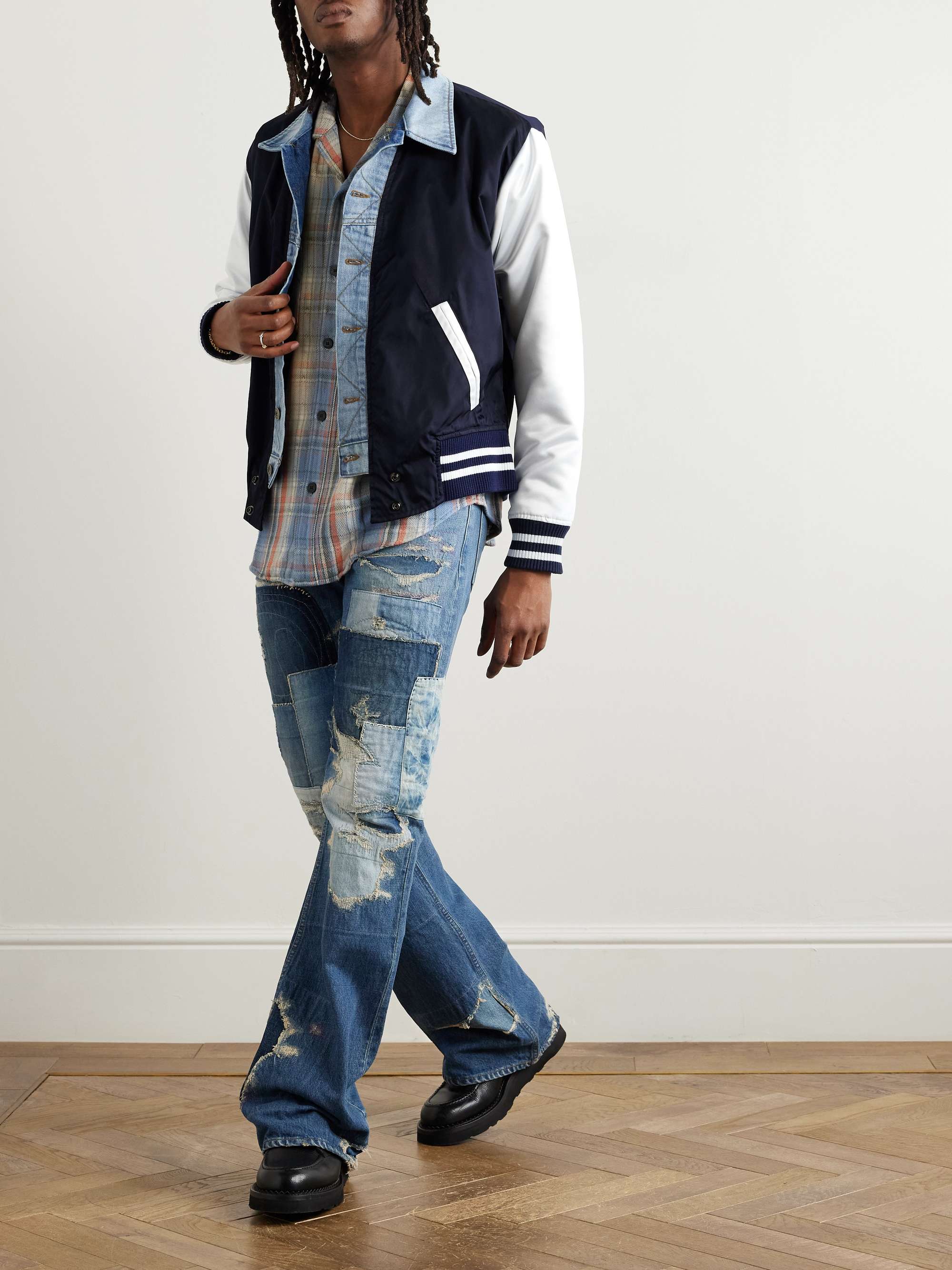 Slim-Fit Denim-Trimmed Satin Varsity Jacket view
