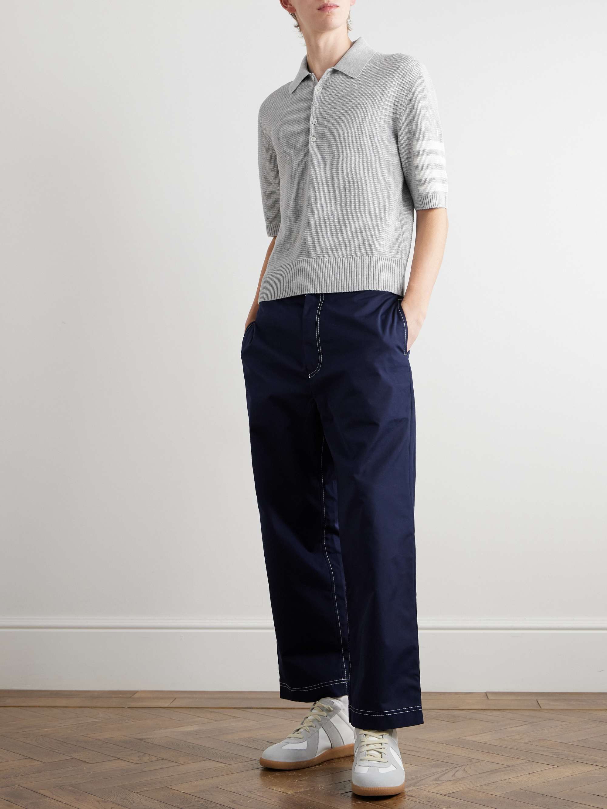 Intarsia-Knit Striped Textured Linen and Cotton-Blend Polo Shirt view