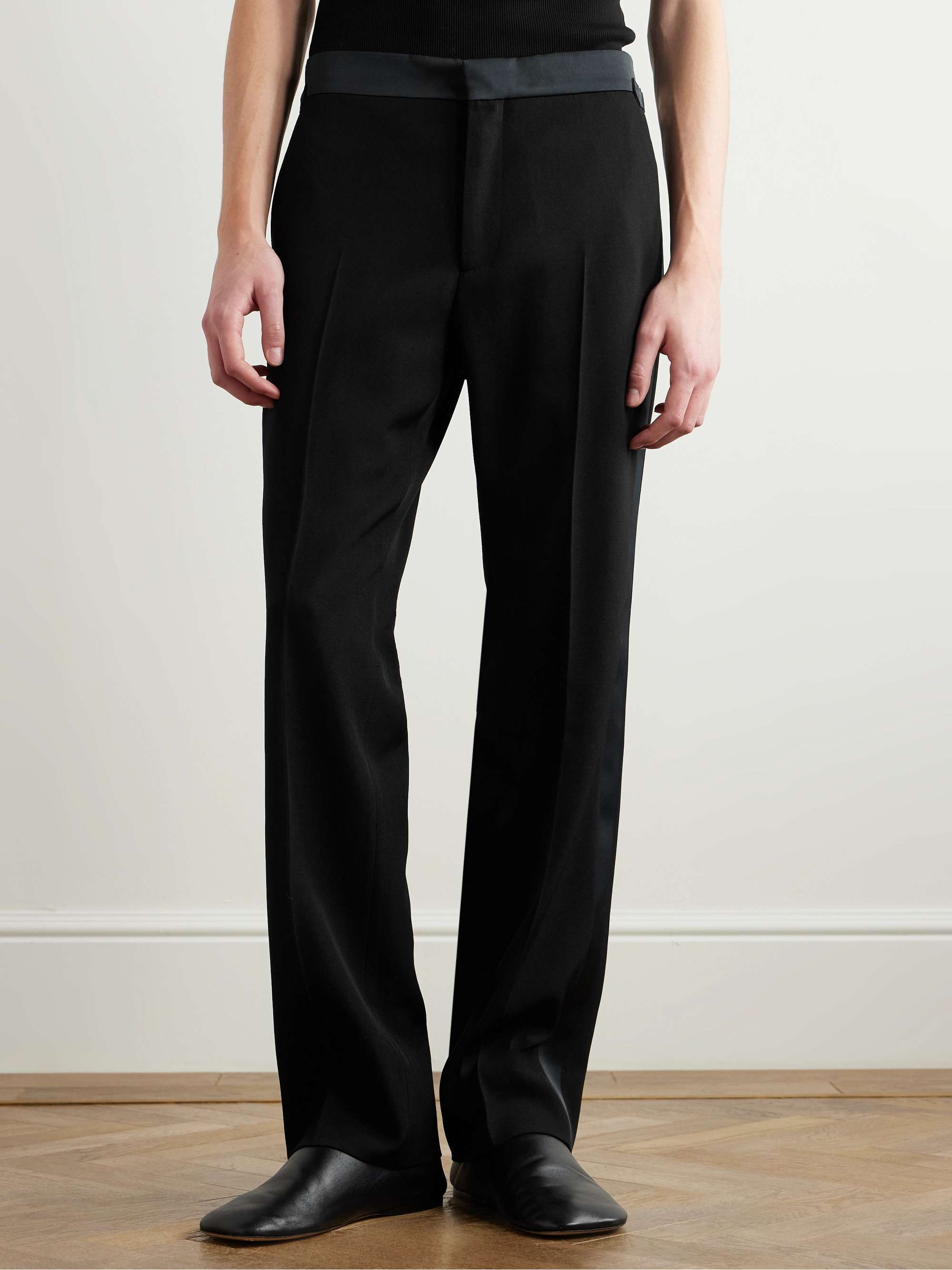 Straight-Leg Satin-Trimmed Grain De Poudre Wool Trousers view