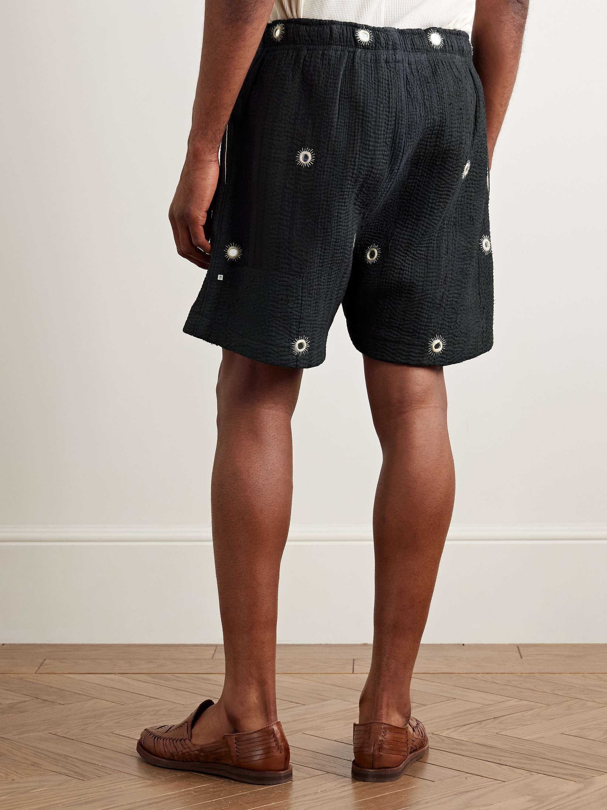 Straight-Leg Embellished Kantha Cotton Drawstring Shorts view