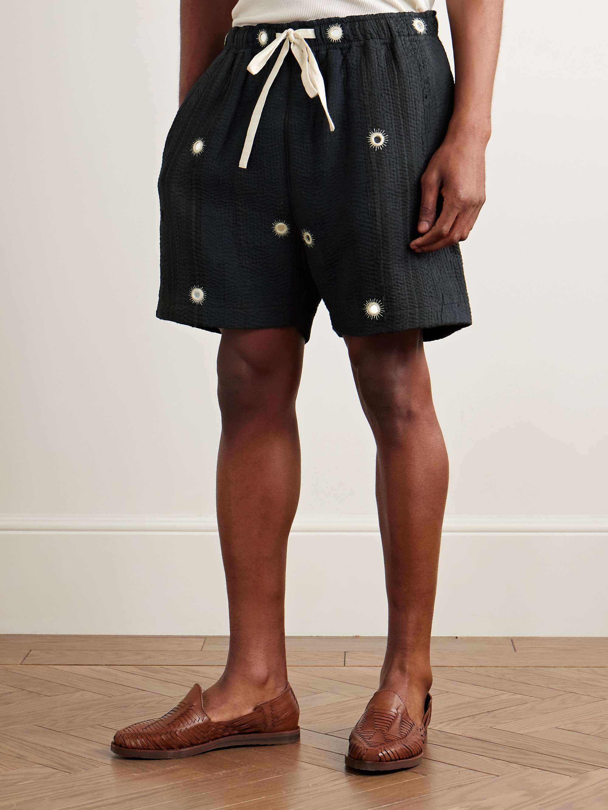 Straight-Leg Embellished Kantha Cotton Drawstring Shorts view