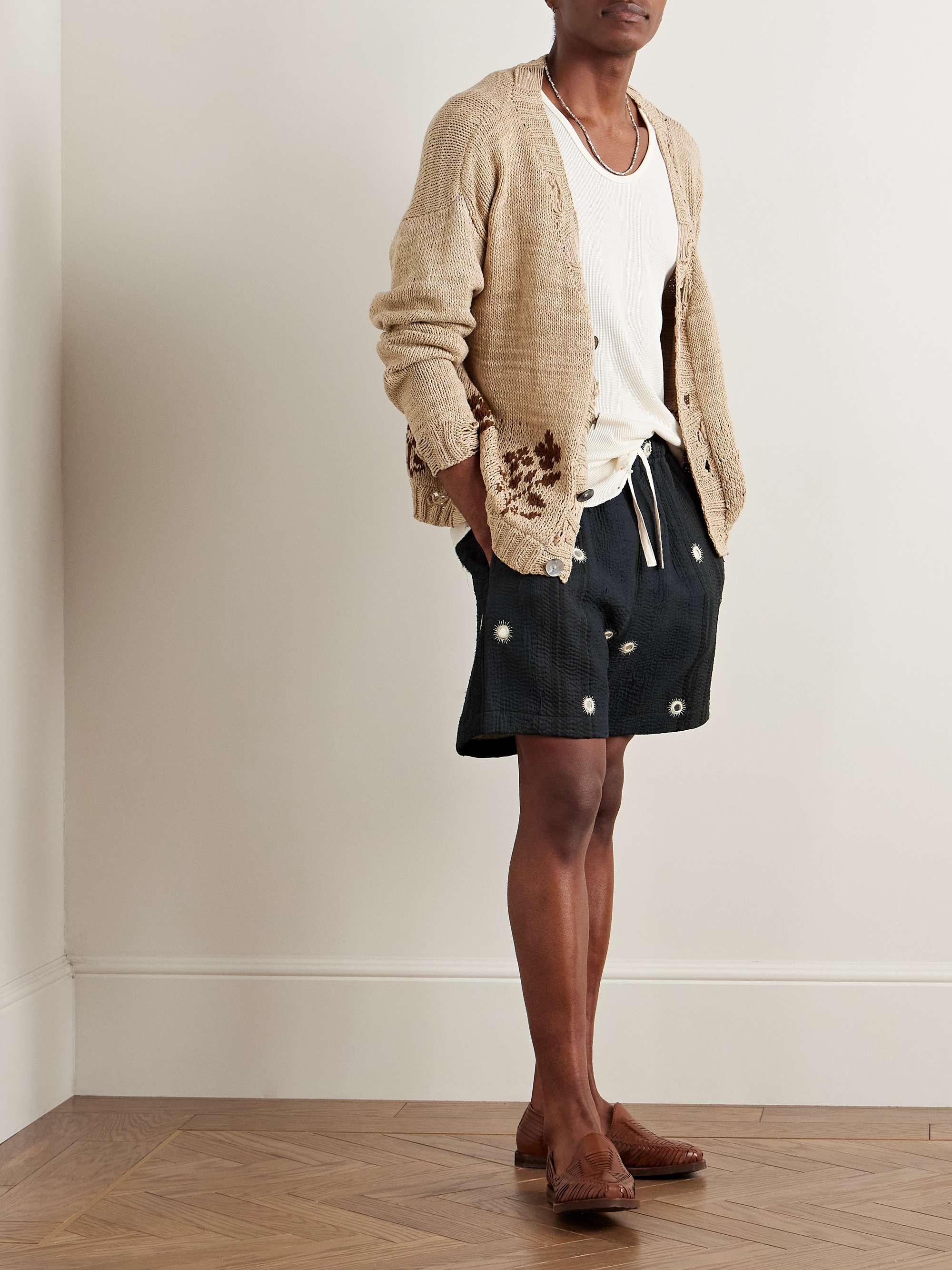 Straight-Leg Embellished Kantha Cotton Drawstring Shorts view