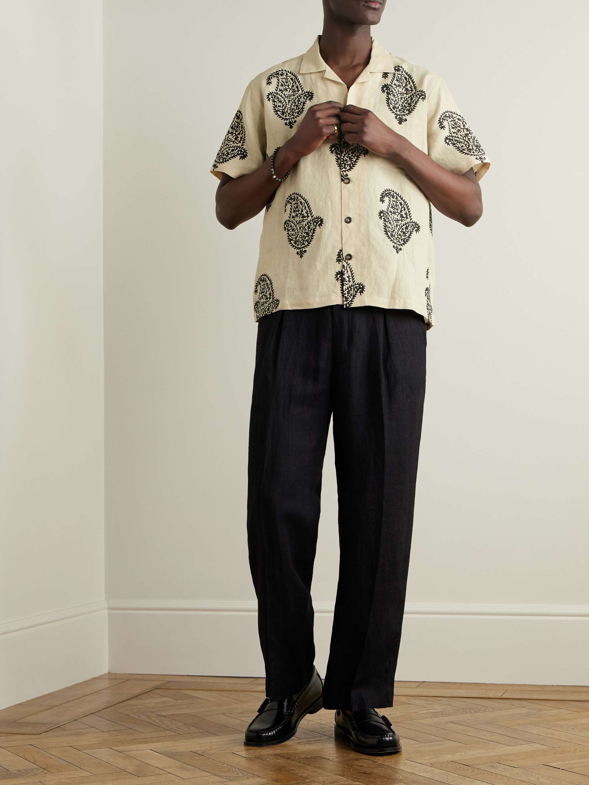 Camp-Collar Paisley-Print Linen Shirt view