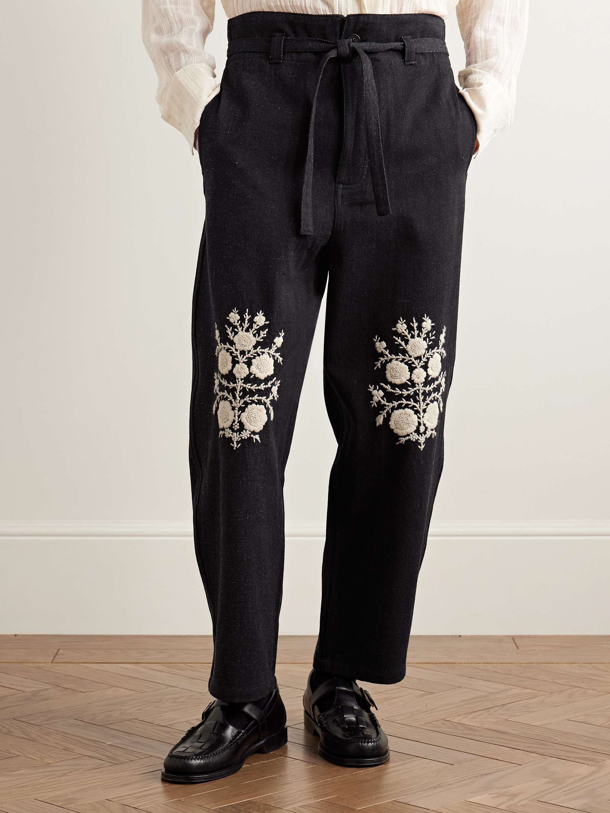 Fauji Belted Embroidered Cotton-Twill Trousers view