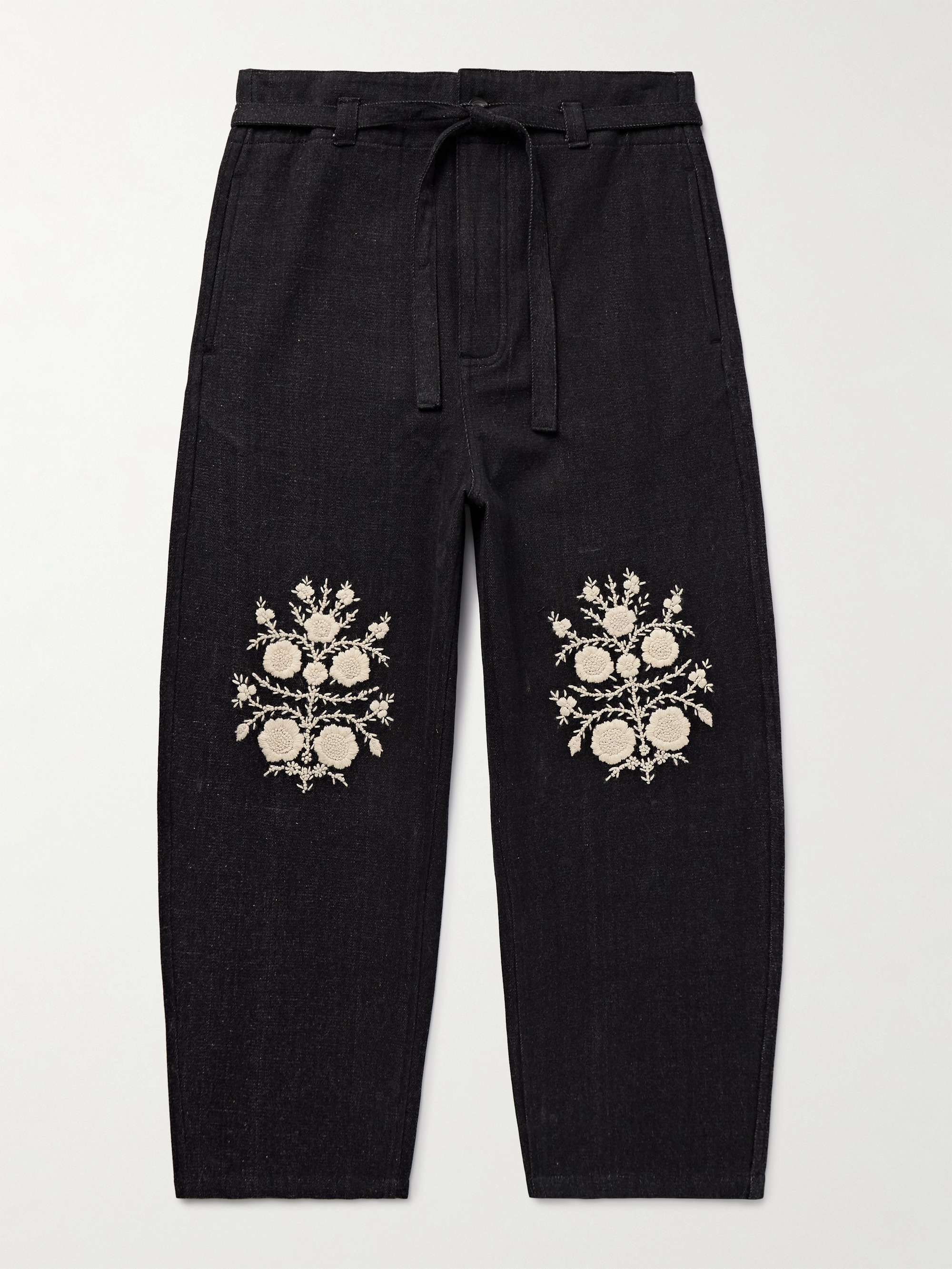 Fauji Belted Embroidered Cotton-Twill Trousers view