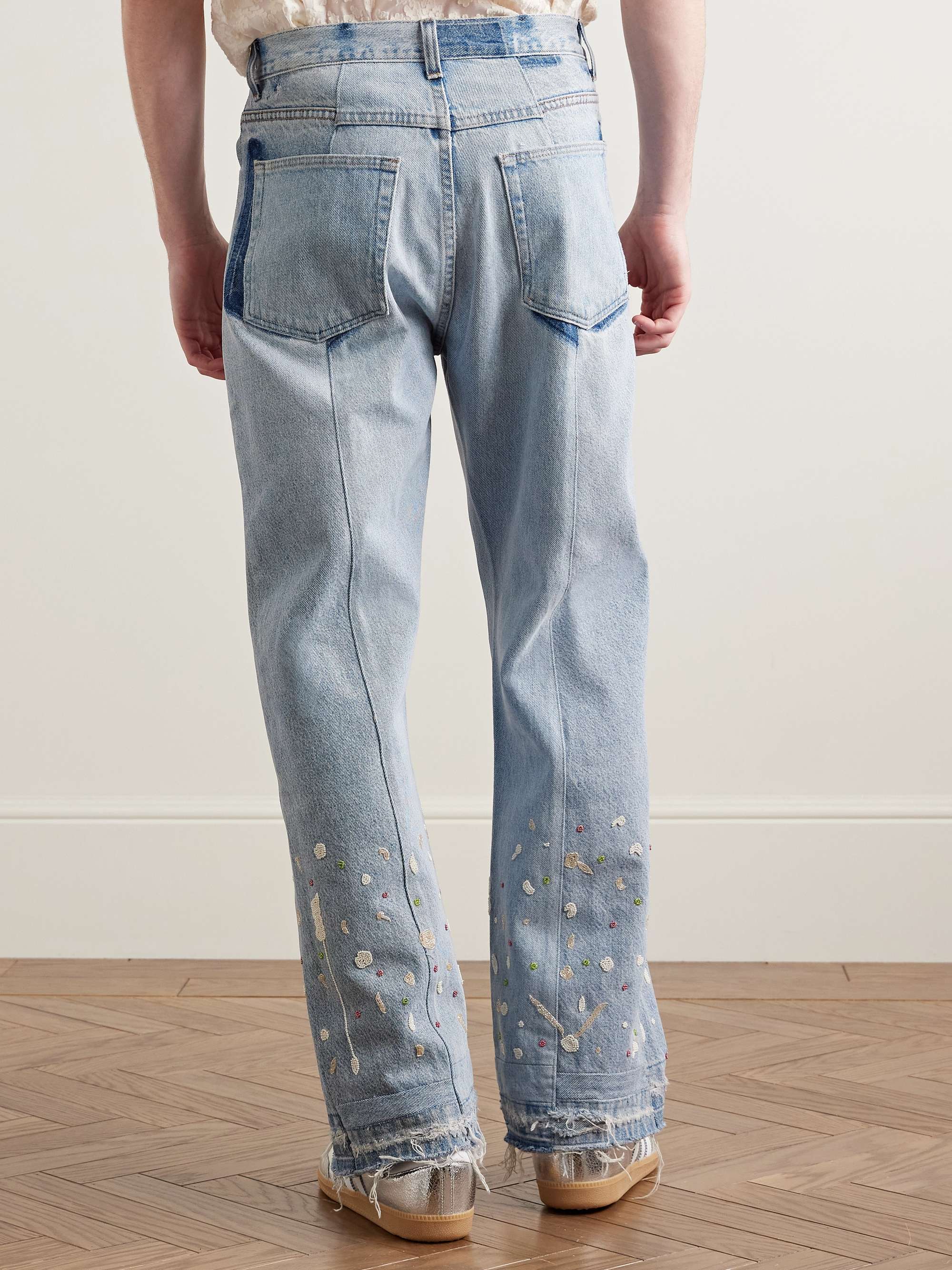 Straight-Leg Upcycled Frayed Embellished Panelled Jeans view