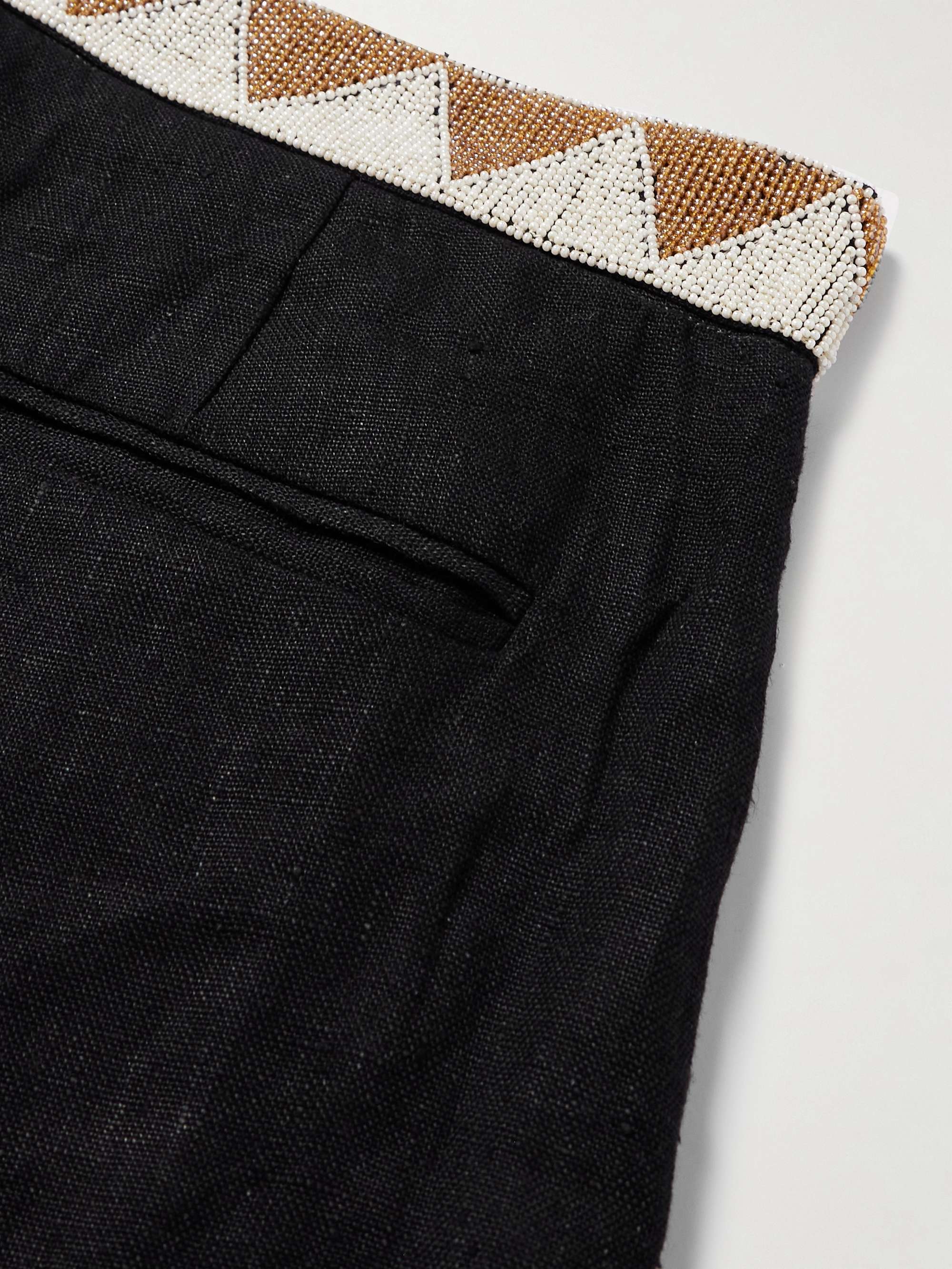 Wide-Leg Embellished Pleated Linen Trousers view