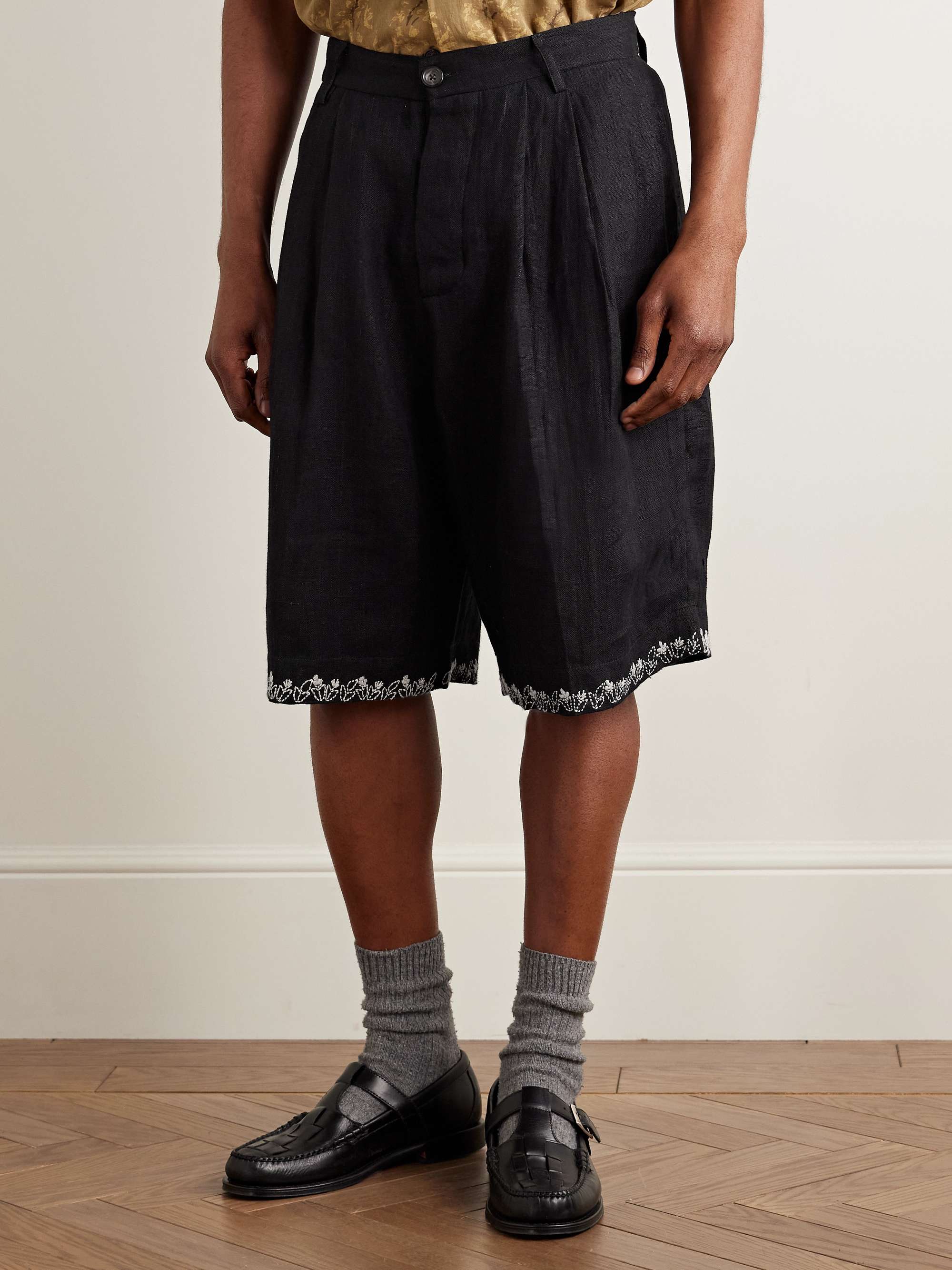 Straight-Leg Pleated Embroidered Linen Shorts view