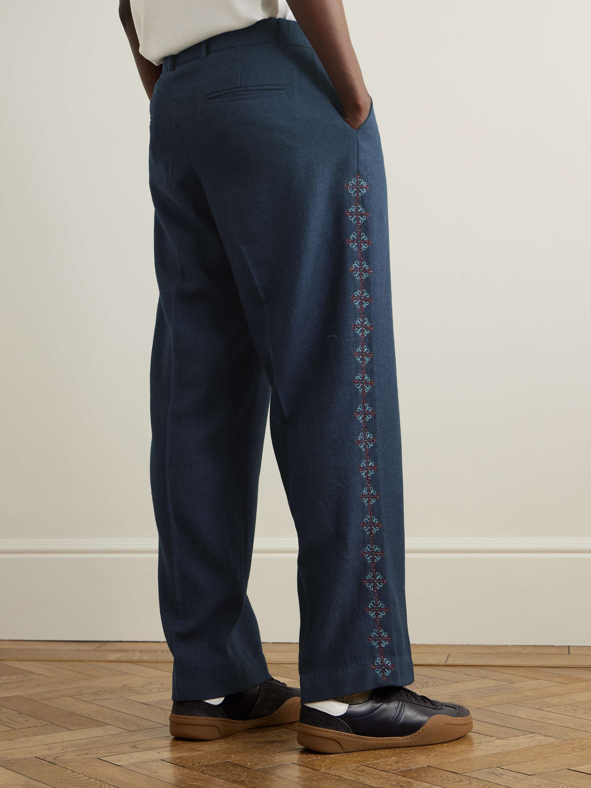 Pleated Embroidered Wool Straight-Leg Trousers view