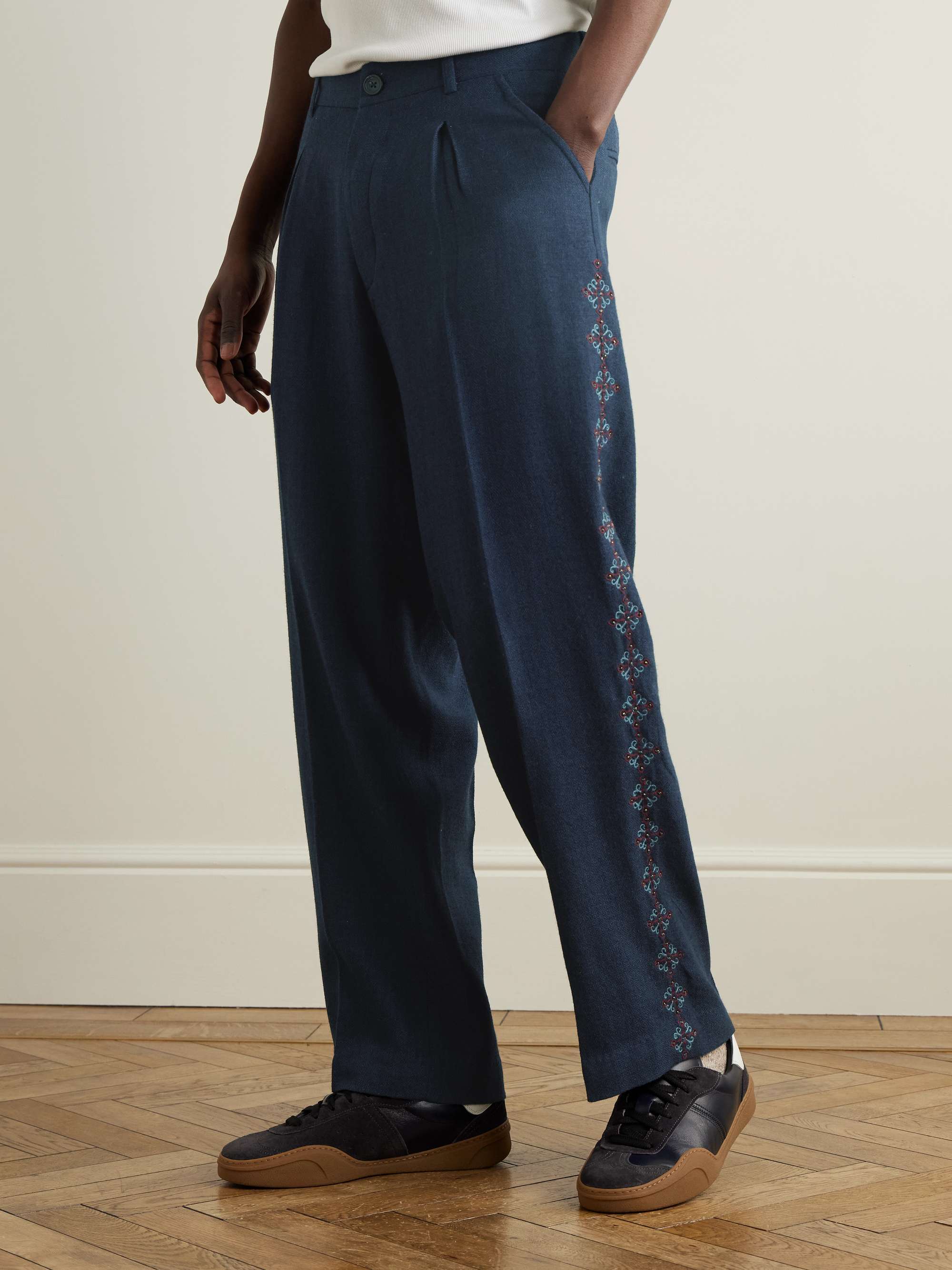 Pleated Embroidered Wool Straight-Leg Trousers view