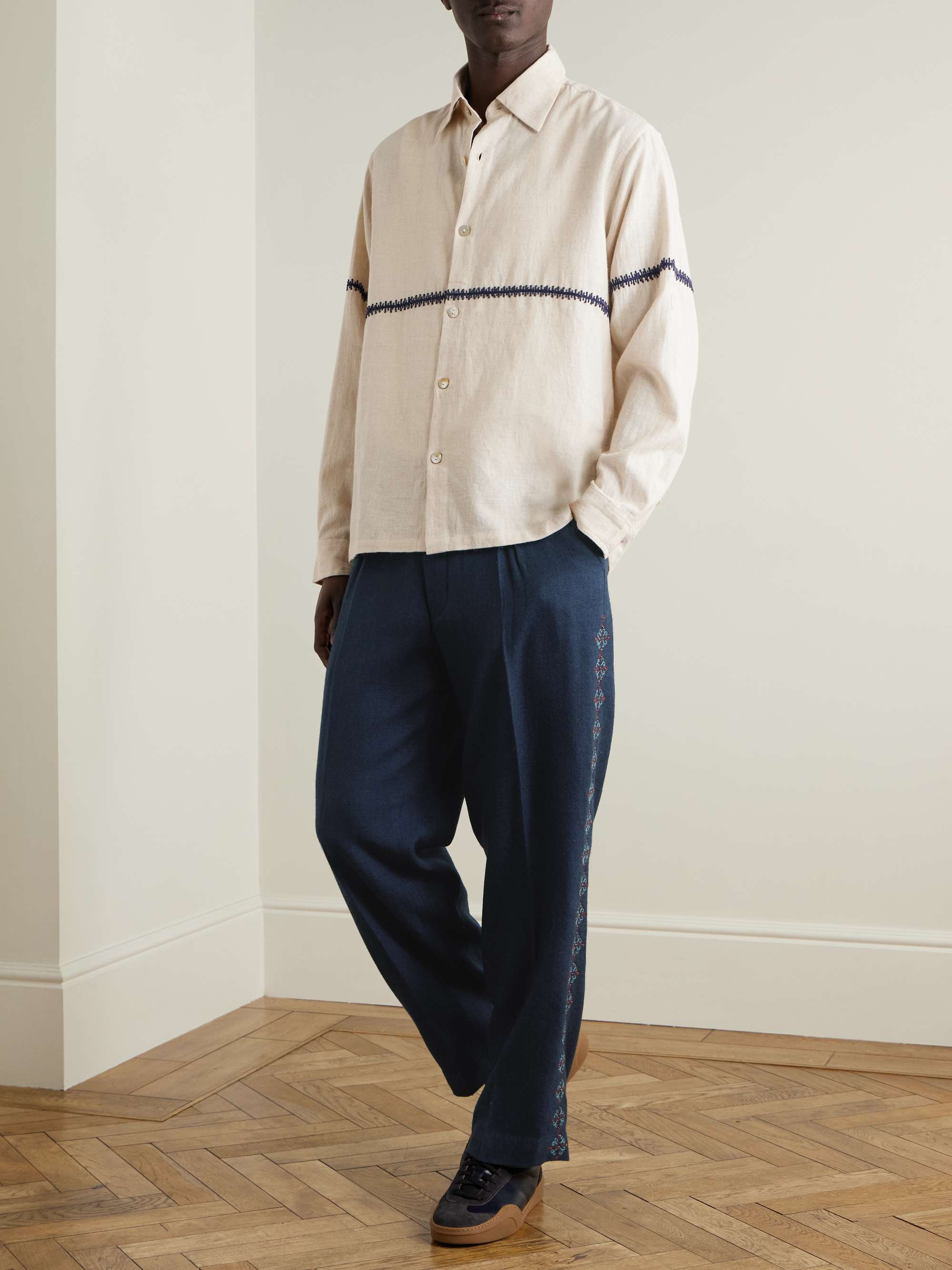 Pleated Embroidered Wool Straight-Leg Trousers view