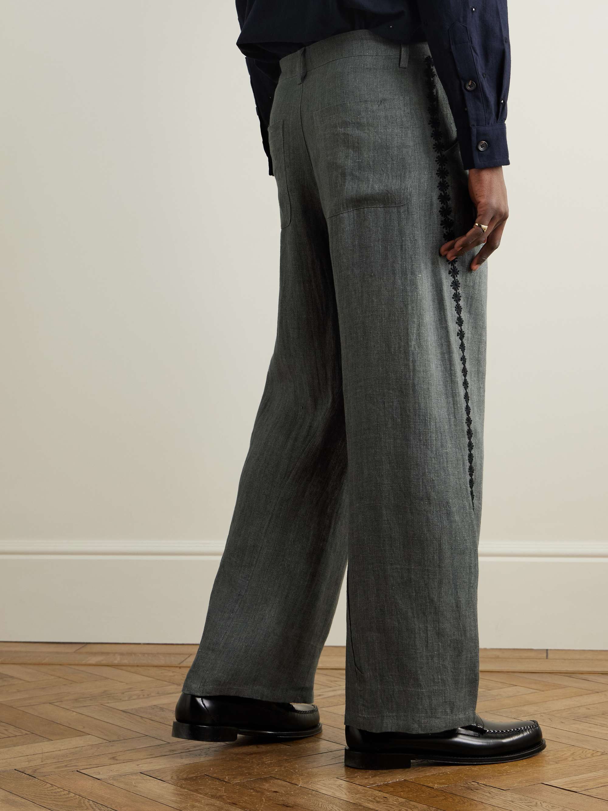 Embroidered Linen Wide-Leg Trousers view