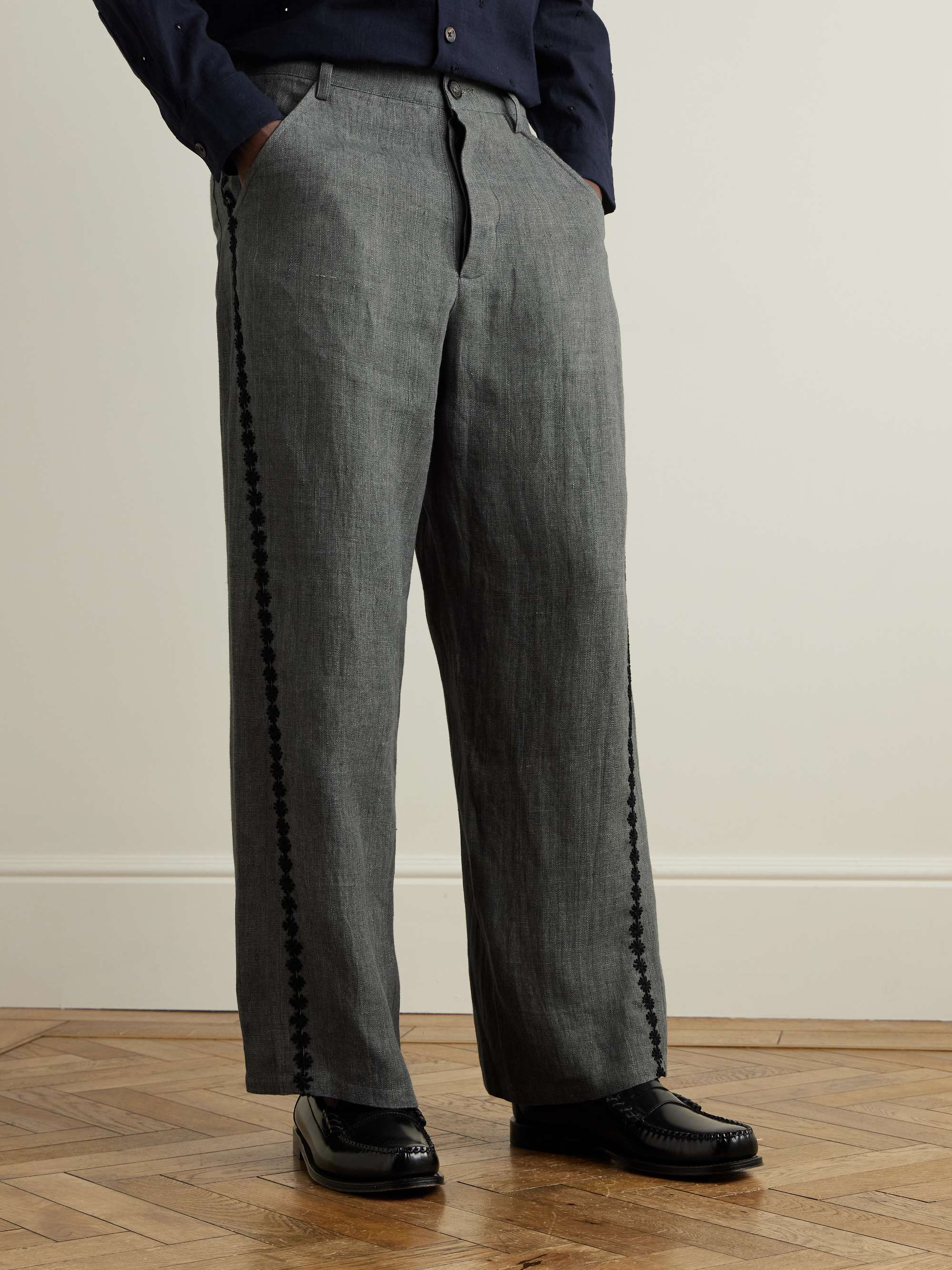 Embroidered Linen Wide-Leg Trousers view