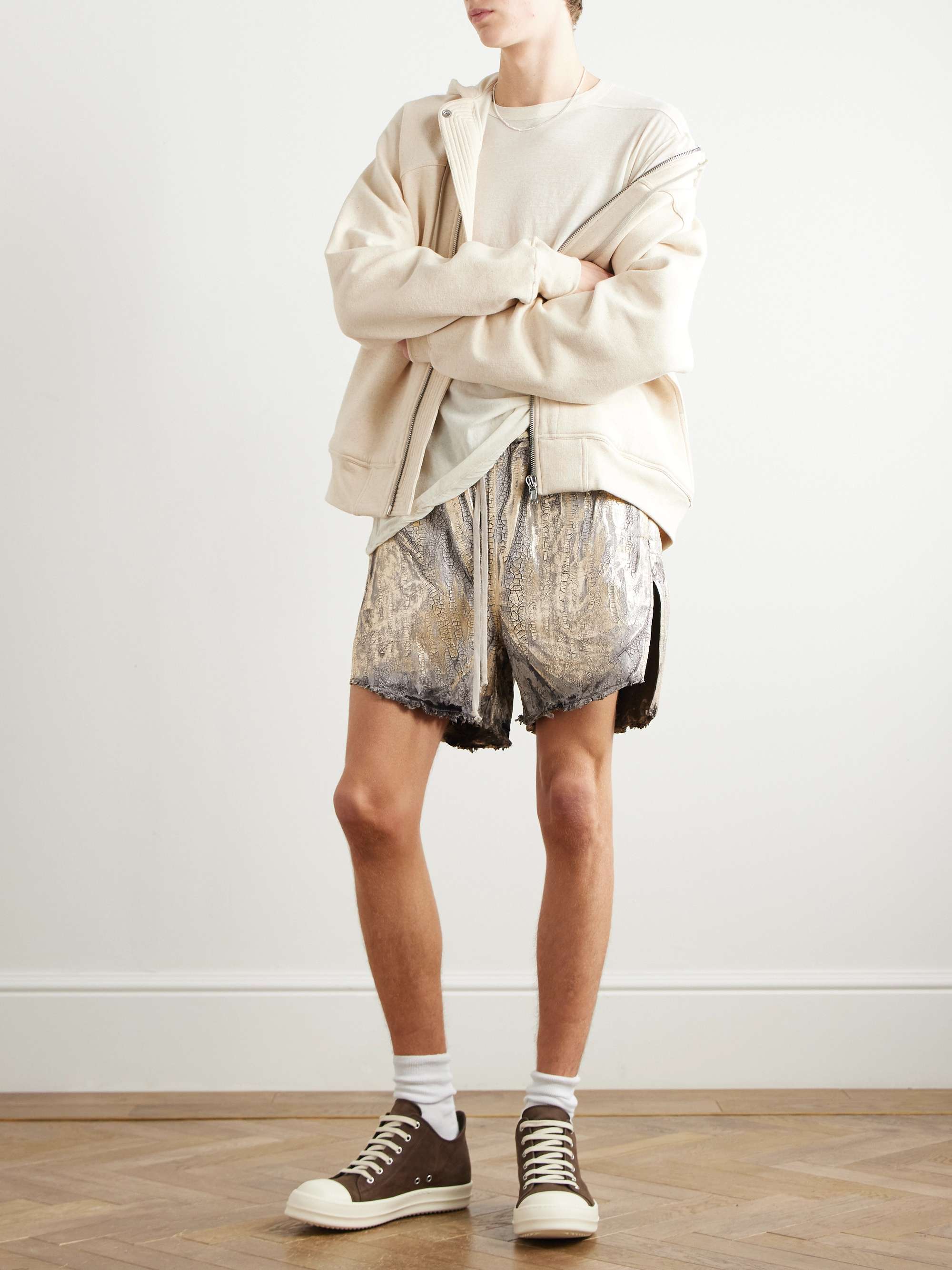 Blister Straight-Leg Frayed Metallic Megacrust Stretch-Denim Drawstring Shorts view