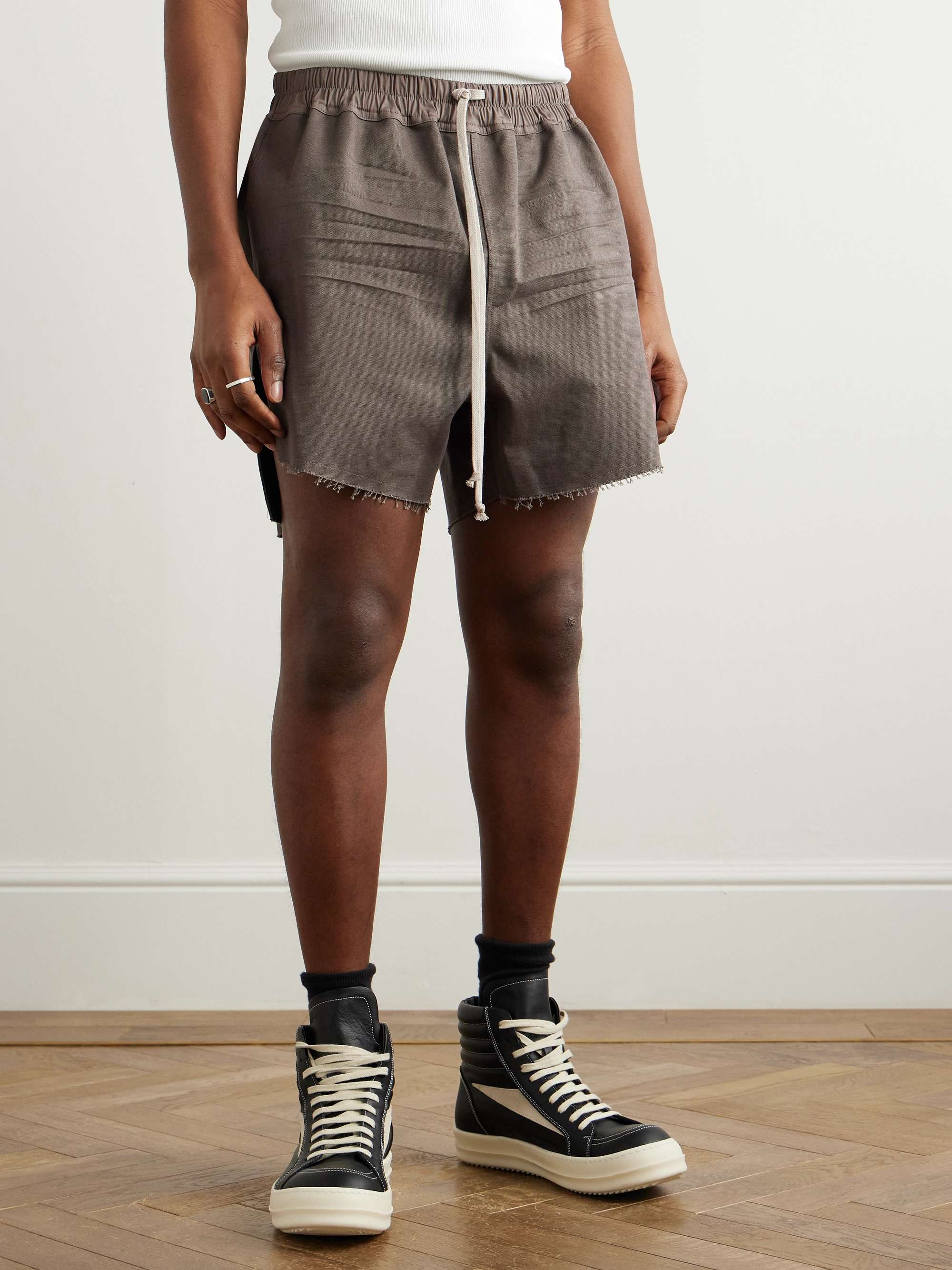 Straight-Leg Frayed Cotton-Canvas Drawstring Shorts view