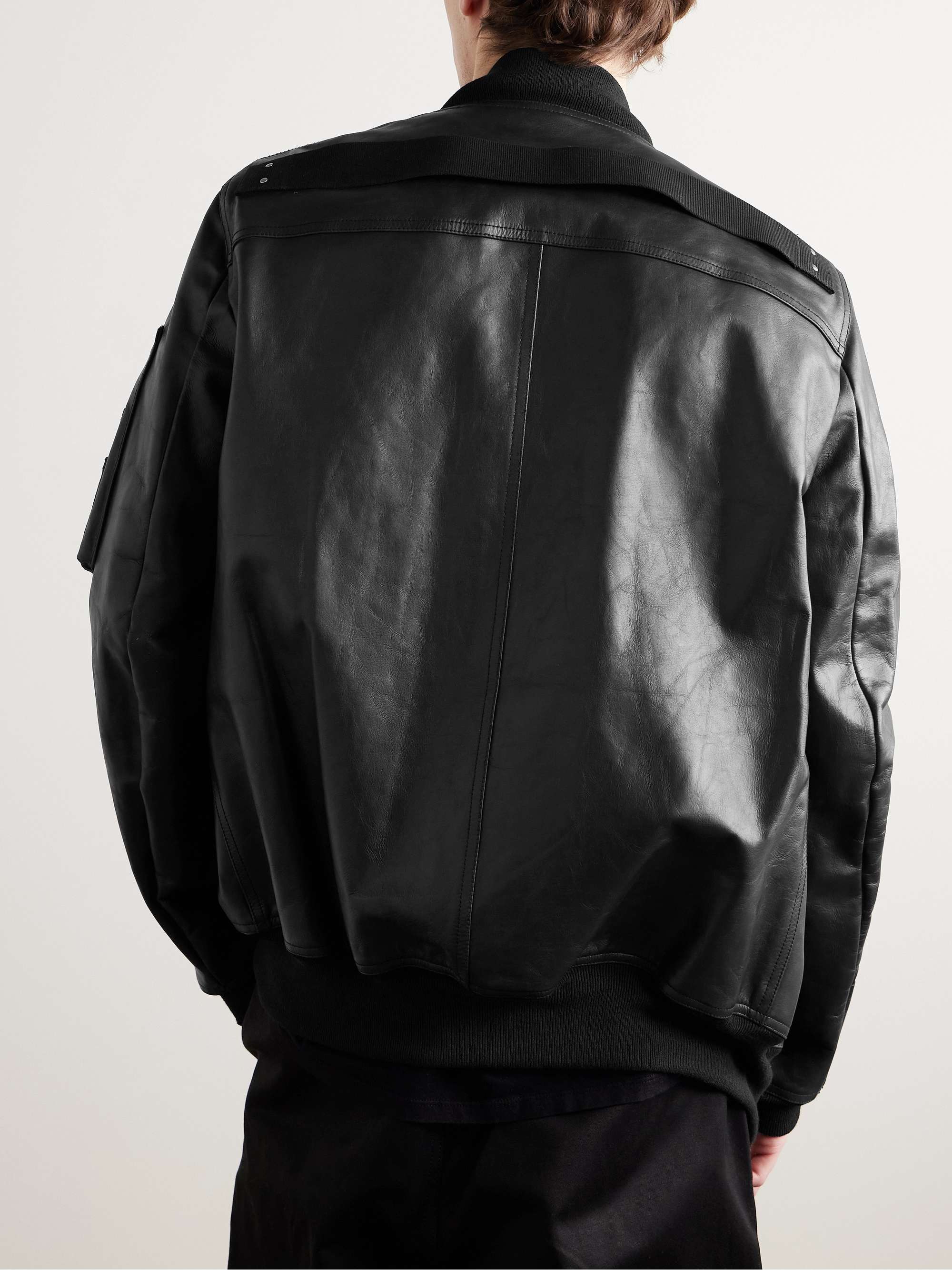 Classic Flight Oversized Webbing-Trimmed Distressed Leather Bomber Jacket view