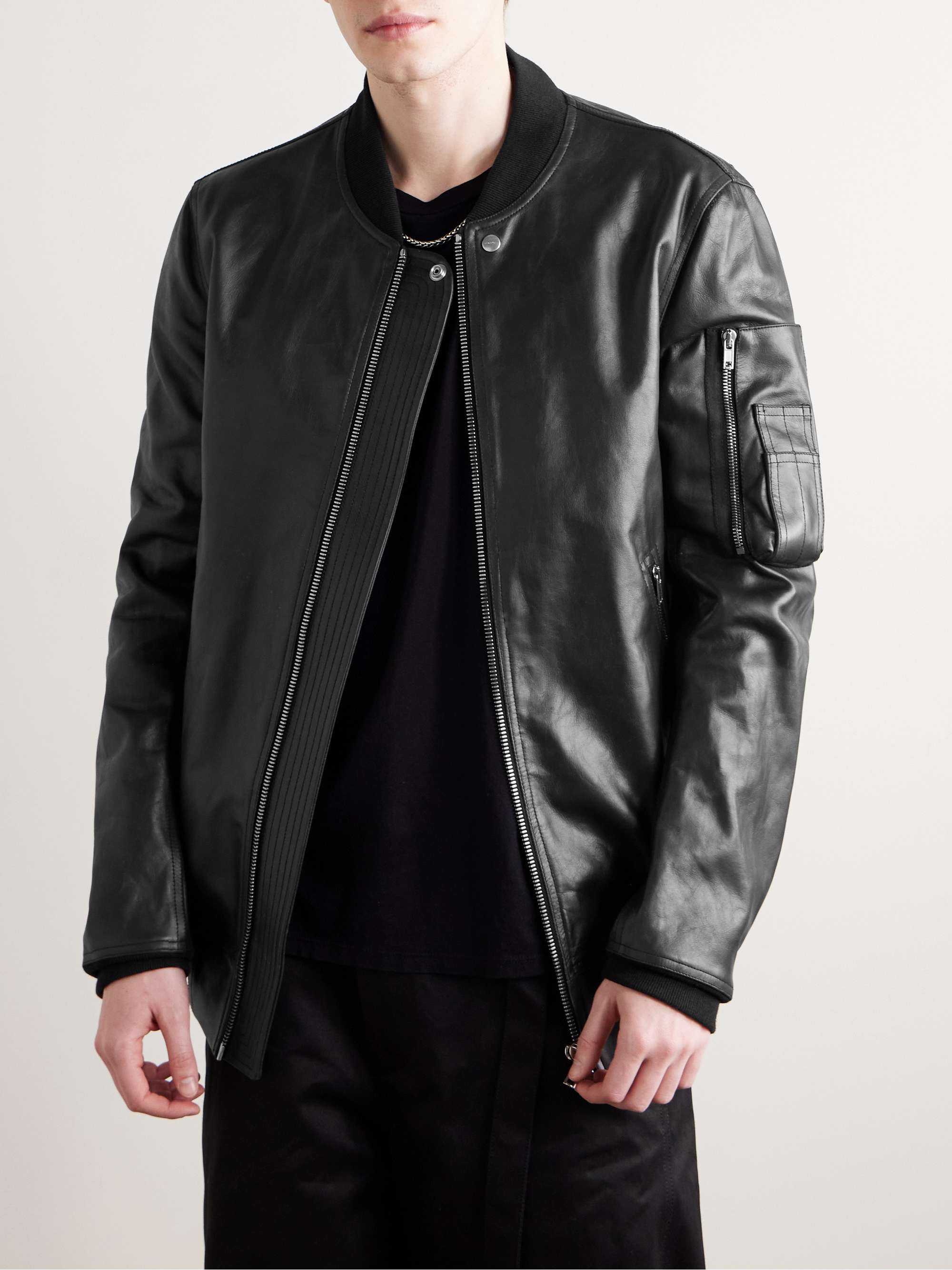Classic Flight Oversized Webbing-Trimmed Distressed Leather Bomber Jacket view