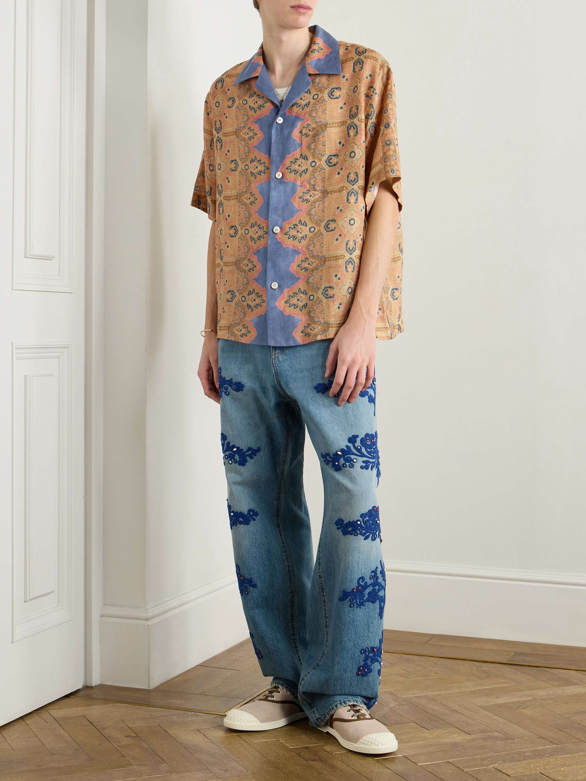 Camp-Collar Printed Linen Shirt view
