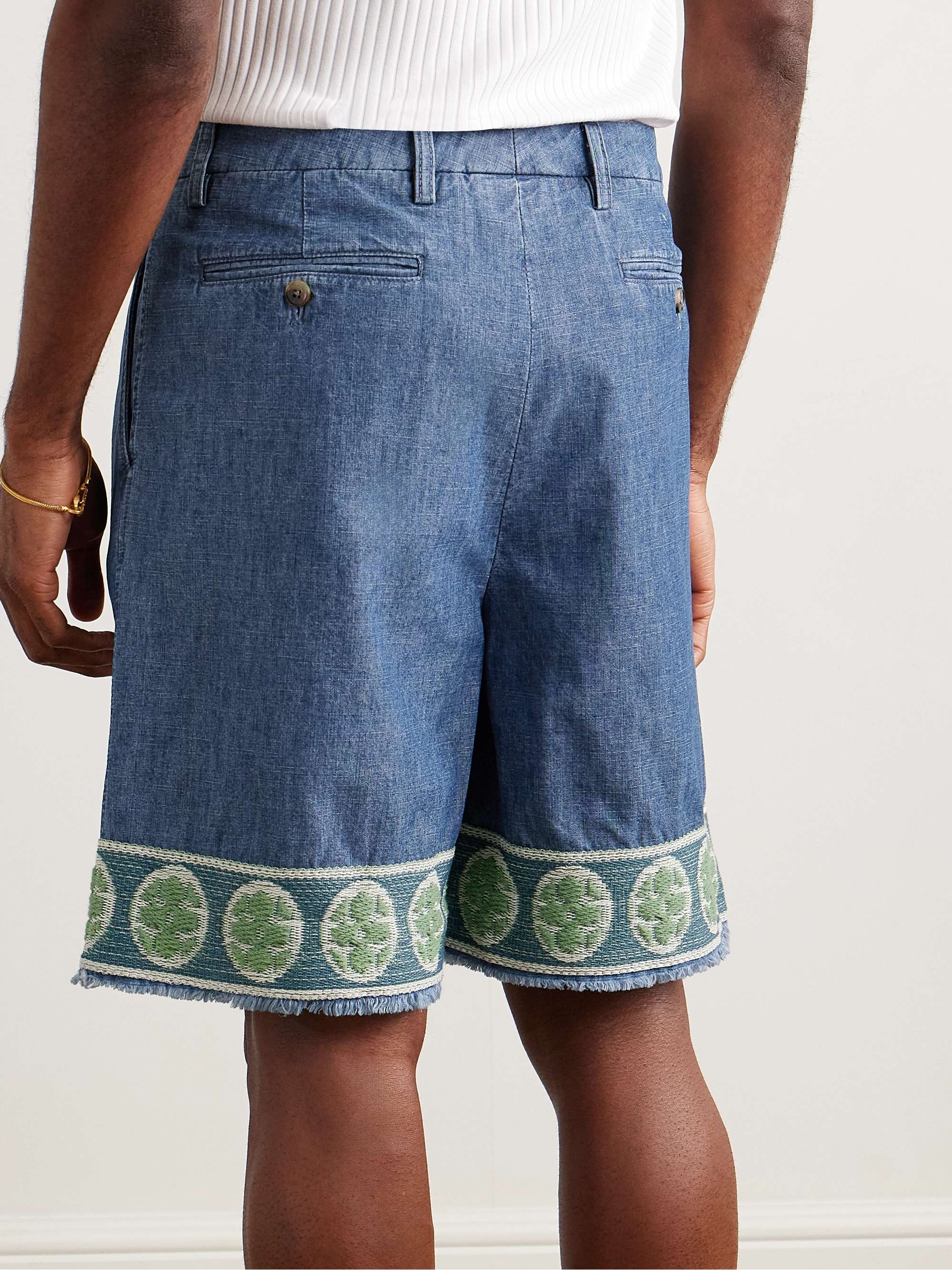 Wide-Leg Pleated Embroidered Denim Shorts view